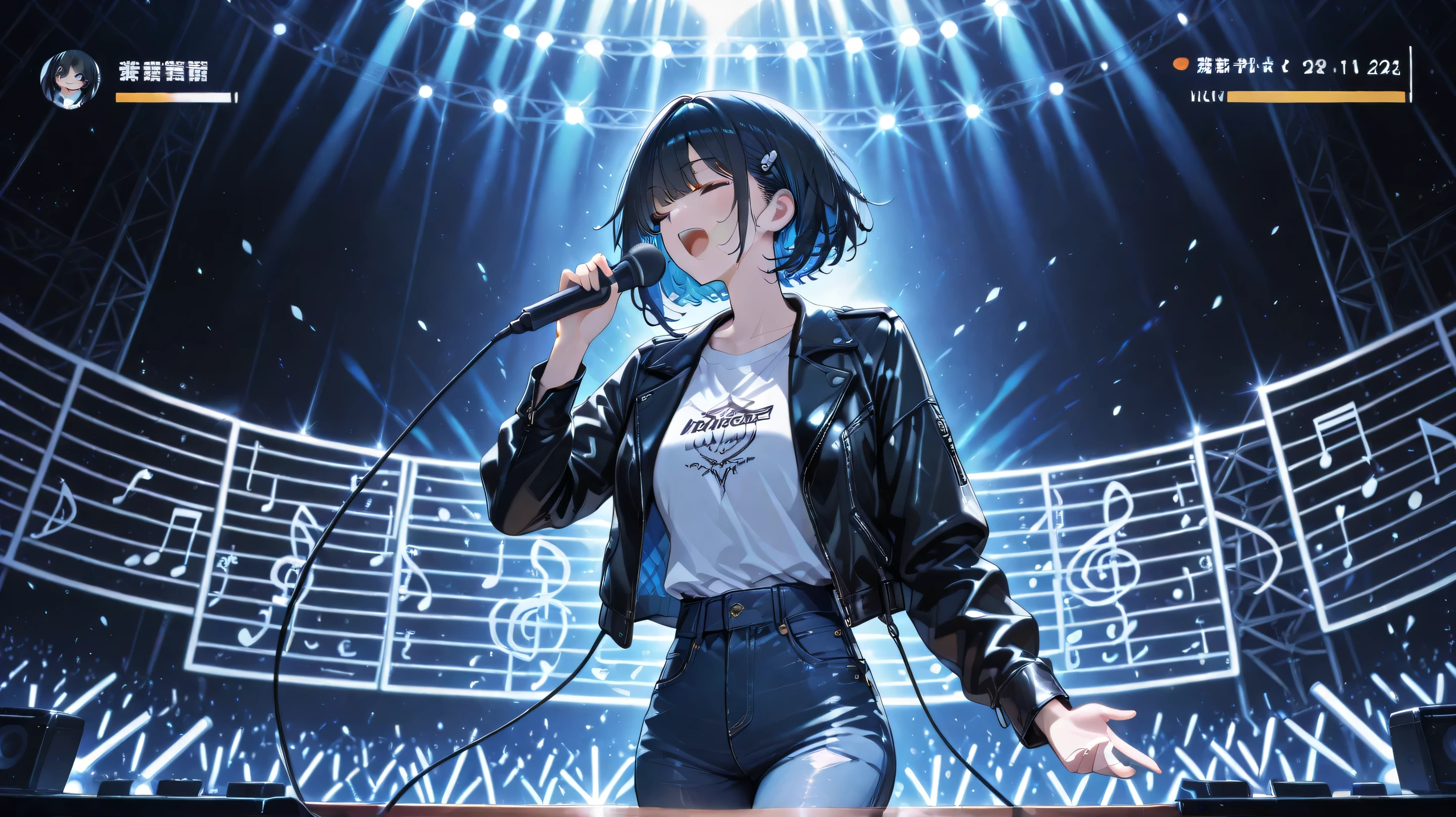 small live bar, full-band members, a female vocal (close shot), short cut, black hair, blue inner hair, wearing white t shirt, leather jacket, jeans, holding microphone, singing passionately,