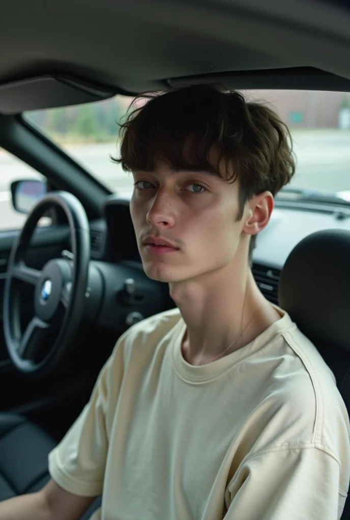 Polish emo boy short dark brown hair, blue-gray eyes, very white complexion, similar to the character Dominik Santorski from the movie Suicide Room, dressed as an emo from 2000, Height 1.91cm, very thin, very handsome , Do it in Mexico by taking a selfiie In his car, make him black clothes