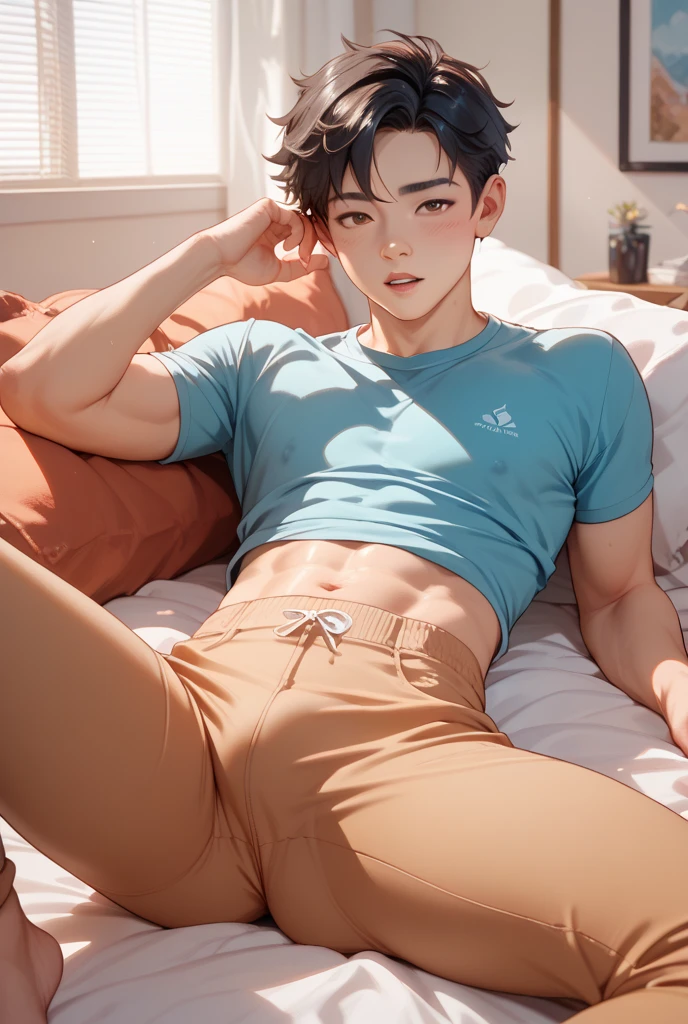 A cute boy with bare upper body, wearing white panties and white socks on his feet facing the screen