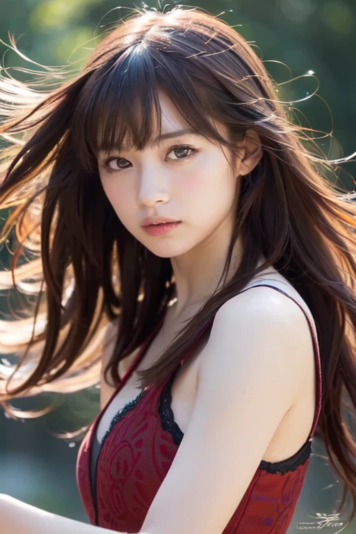 (((masterpiece:1.4, Highest quality:1.4, 8k, Ultra-high resolution, Physically Based Rendering))), Do not split、Standing posture from knees up、Small 、 One beautiful woman,alone、24-years-old、Nice light brown short hair,wearing colorful bikini、Tropical coast、Professional Lighting、Super beautiful sexy woman, Perfectly shaped body, 24-years-old, (Large eyes with great detail),  Fine thin eyebrows, Eye highlights, (Super straight brown hair, bangs, A strong wind is blowing her hair away:1.4), Highly detailed face and skin texture, 