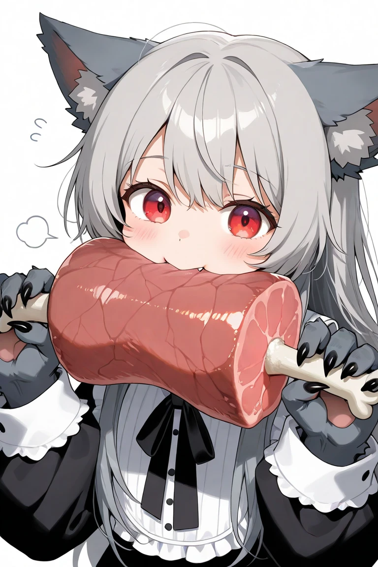 <lora:phood_PNY:0.8> phood_sausage, 1girl, solo, blush, short hair, red eyes, hat, animal ears, bare shoulders, white hair, detached sleeves, sausage, eating, wolf ears, tokin hat, sexually suggestive, inubashiri momiji , source_anime, score_9, score_8_up, score_7_up, score_6_up, score_5_up, score_4_up, ponypositive,