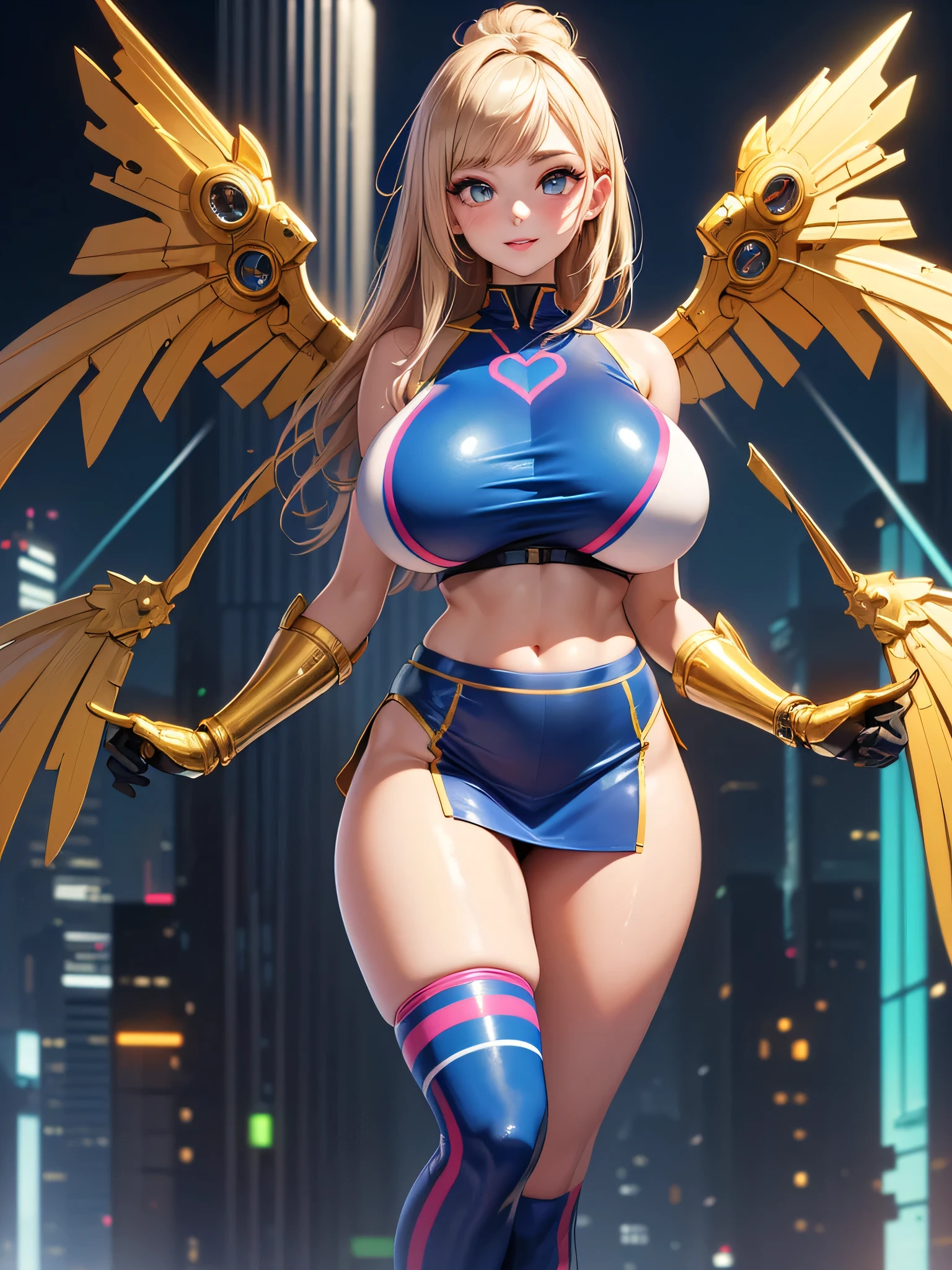 (((masterpiece))), (((best quality))), ((ultra-detailed)), (illustration), ((an extremely delicate and beautiful)), ((super detail)), ((high resolution)), (((20 years old))), metallic cloth, (competition swimsuit), (android), ((mechanical wings)), delicate metal decorations, gleaming skin, shiny body, two legs, breast focus, (((tall))), slender legs, ((big round eyes)), cute eyes, drooping eyes, ((adult)), two hands, five fingers, no extra hands, elegant smile, braid, medium length hair, ((metallic blue)), (see-through), (dark blonde), (ultra-huge breasts), (shining brightly), outdoor, mini skirt, city, daytime, ((biopunk)),