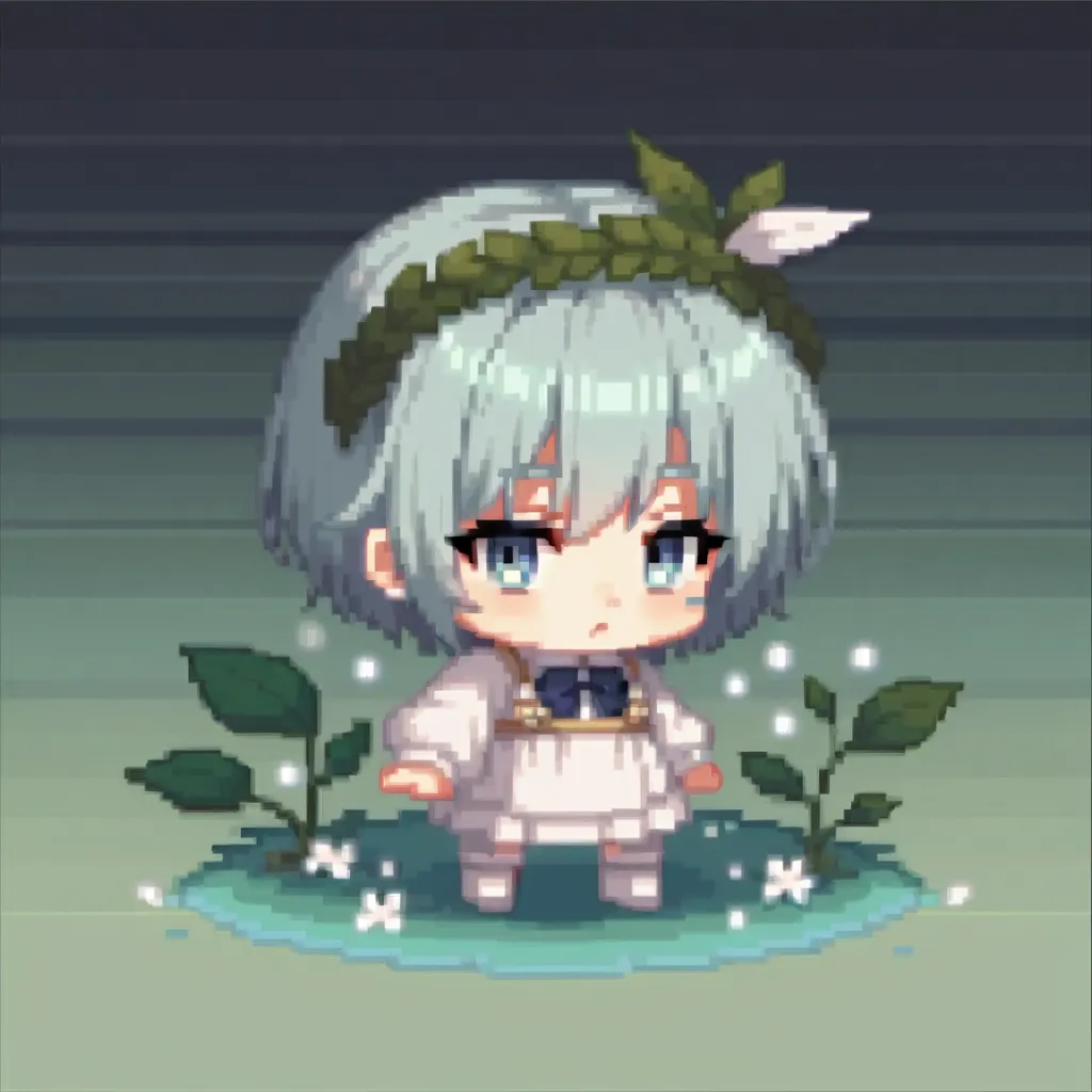 score_9, score_8_up, score_7_up, source_anime, 1girl, chibi, pixel art, full body, kokkoro \(princess connect!\), pointy ears, elf, hair between eyes, short hair, hair ornament, flower, hair flower, antenna hair, blush, grey hair, <lora:ChibiPixelArtV2_XLPD:1>
