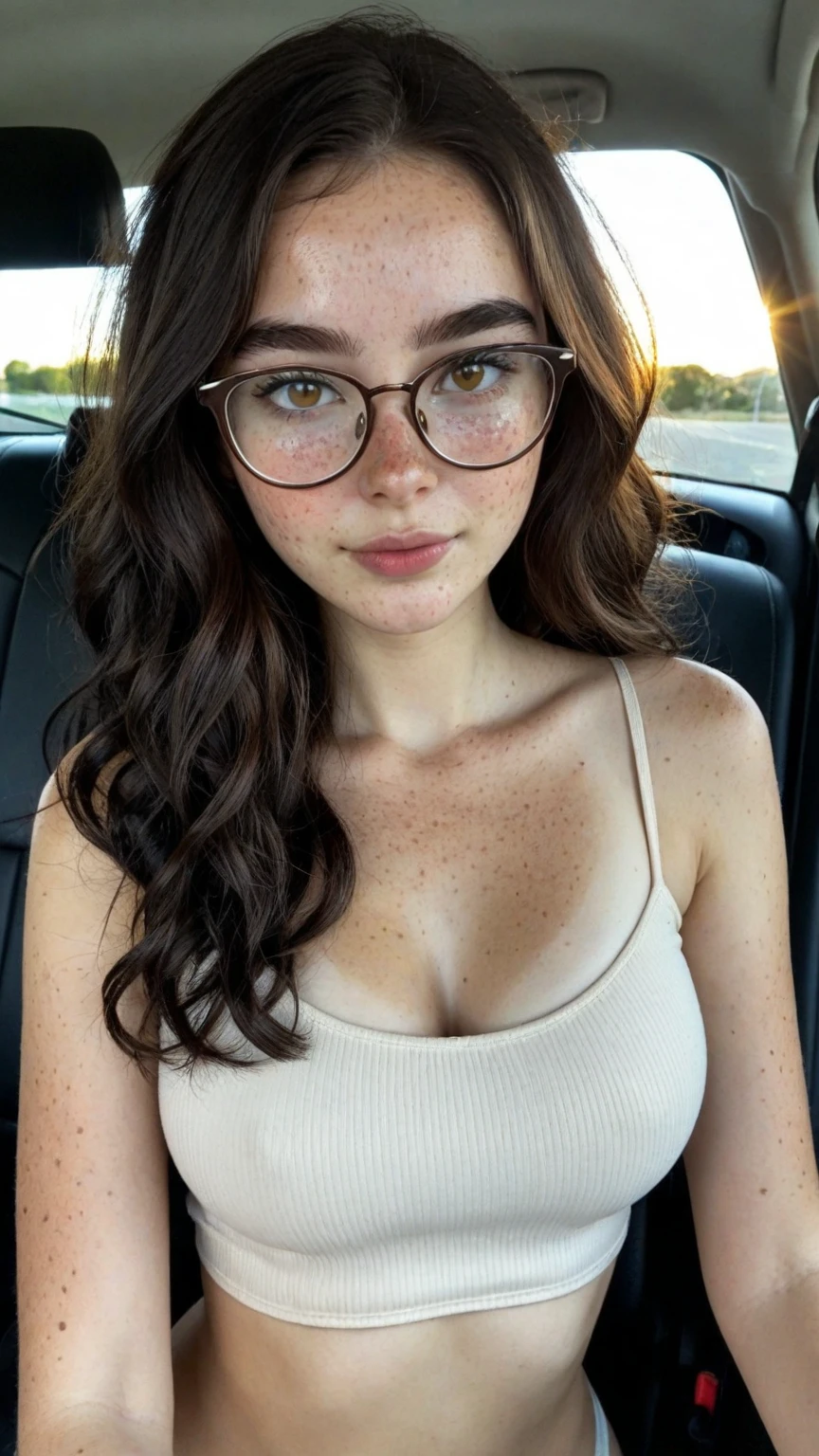girl in, age19, Solo, Aesthetic artwork, irish, wavy ginger hair, shoulder length hair, gray eyes, light grey eyes, pale skin, A-cup, small breasts, runners body, (textured skin, skin pores:1.1), goosebumps, in a green sundress, downblouse, outside, no hands ((hands hidden)), nipslip, (large round black rimmed glasses)