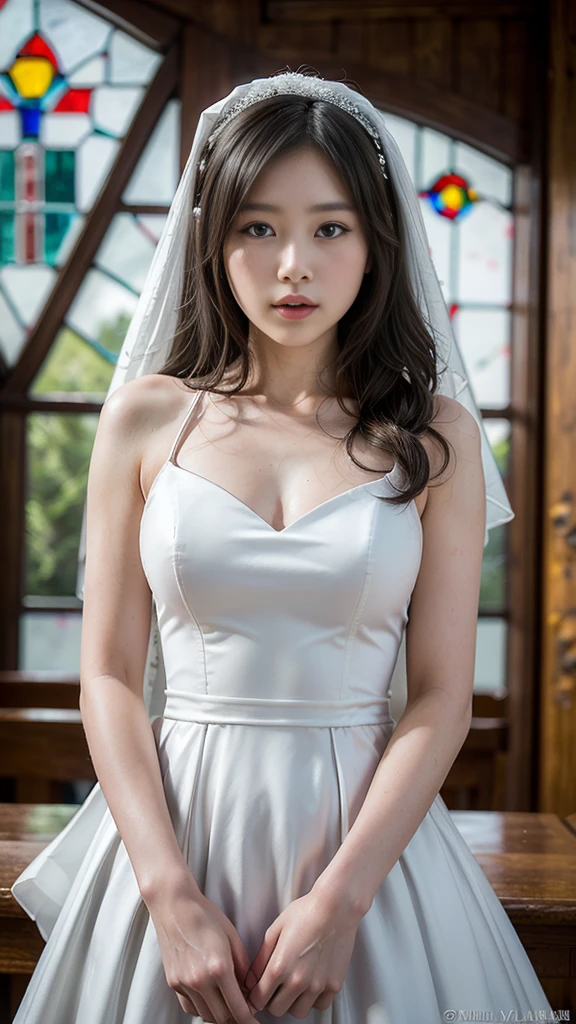 ((8k:1.27), best quality, masterpiece, (ultra highres:1.2), (beautiful detailed eyes, long eyelashes, double eyelid), (finely detailed beautiful eyes: 1.2), high detail, detailed hairstyle, detailed face, hyper realistic,
1girl, solo, (22 years old), gravure idol, (medium breasts),
black hair,
closed mouth, (smiling:0.8), gravure,
((white:1.4) wedding dress:1.2), wedding veil, marilyntug,
looking at viewer, (cowboy shot:1.2), (front view:1.4), (sexy pose:1.2),