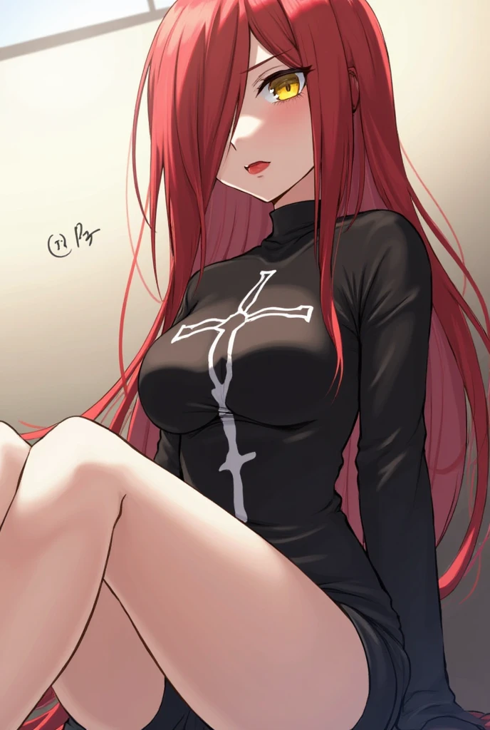 Parasoul, parasoul (skullgirls), yellow eyes, inverted cross pendant, silver pendant, Black turtleneck sweater, black miniskirt, hand lifting skirt, panties, pink panties, smirk, invitating