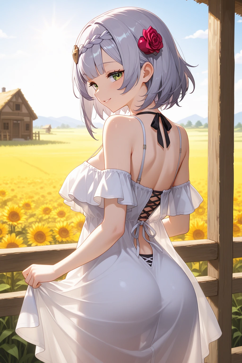 1 girl， (((raised high huge round buttocks))), Wide  A sunflower field in full bloom，Back view of a woman in Translucent white thong (underwear),long shot,wide view, commercial photography，award-winning photograph，(photorealistic),unity 8k wallpaper,(ultra detailed:1.3),(light_on_face:1.4)，CanonEOS 5D MarkIV DSLR