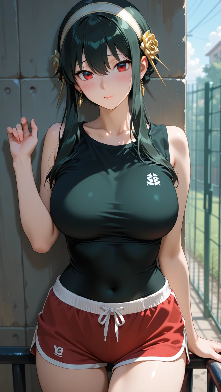 One girl,18-year-old,Perfect hands, Perfect Fingers,Perfect Anatomy, masterpiece, Highest quality,Realistic, hyperRealistic, 16k hdr, morning,Outdoor, From below,(Sweat:1.3),(blush),Large Breasts,Cleavage,Upper Body,(Leaning forward ,Kneel:1.2),FF7、Yuffie Kisaragi、