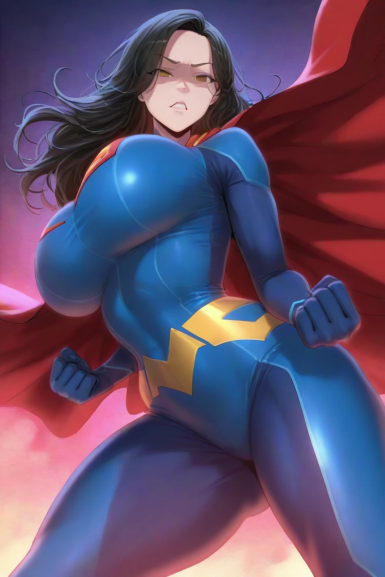 (8k), (Best Quality), (Masterpiece: 1.2), (realist), (superheroine powergirl flying over the planet on a battlefield,)), (black hair), Green eyes, Best Quality) 1.5, 1girl, Alone, (sexy, Beautiful woman, Perfect face, Perfect eyes), whole body.