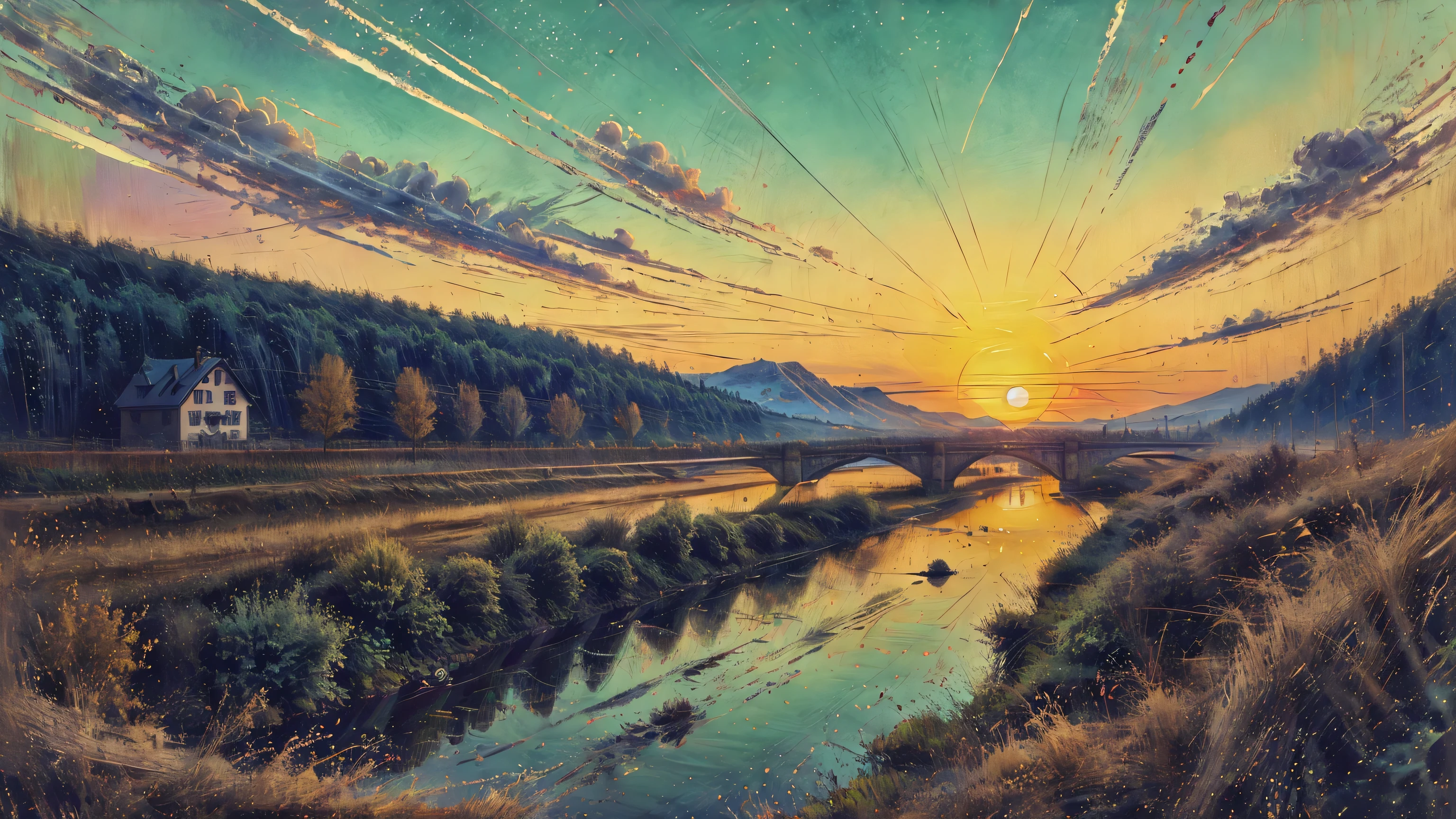beautiful landscapes of Germany, typical houses of Germany, snowy mountains, sunset, green vegetation :1.4 tenderness sweetness , Fujicolor, Optical illusion, Silhouette, distressed jacket, UHD, retina, masterpiece, Precise, anatomically correct , textured skin, Super detailed digital art, high details, high quality, award winner , best quality, alta resolución, 1080P, HD, 16K