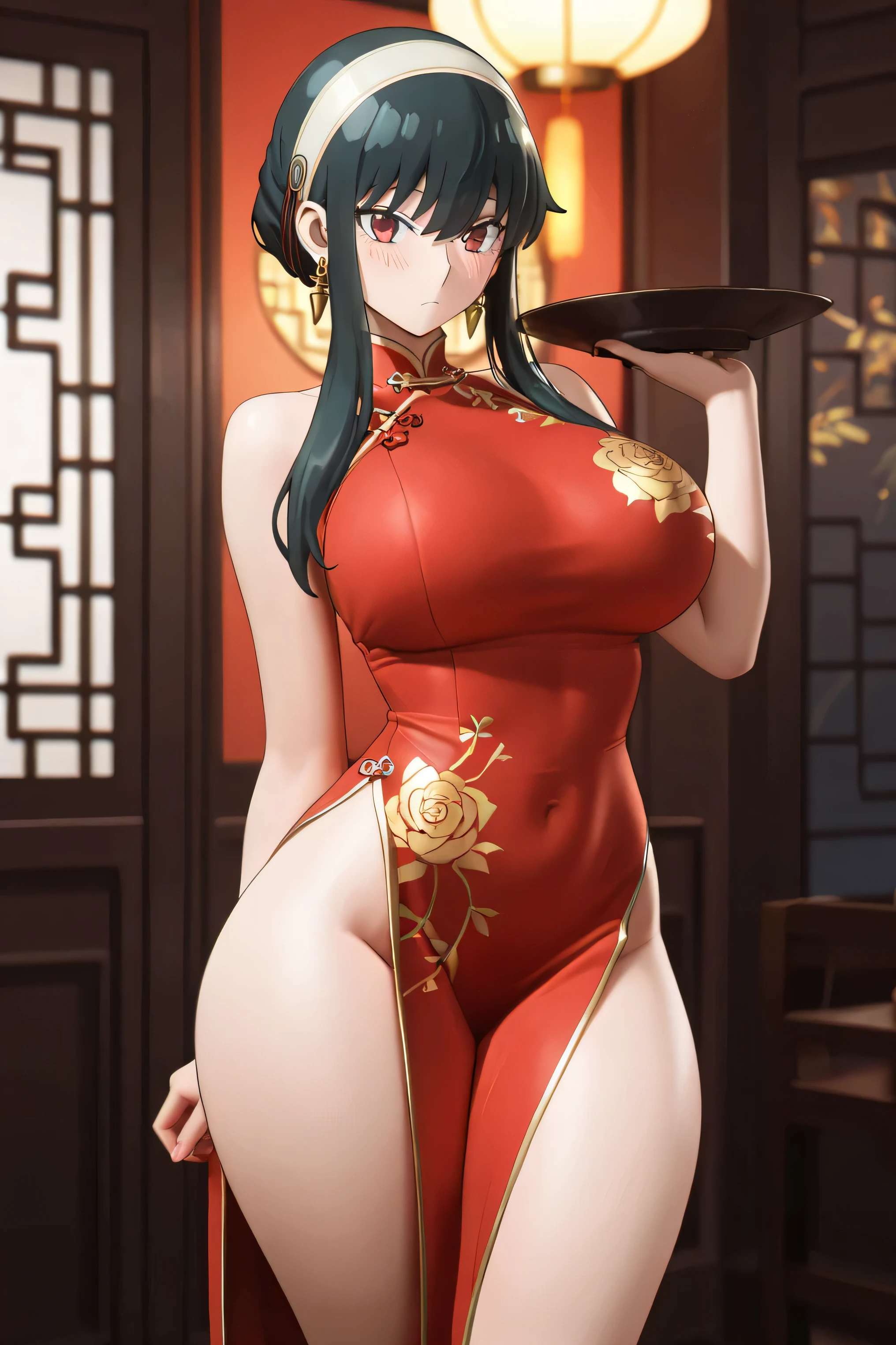 (((Masterpiece))),(((Super Detail))),(((in 8K))),(((best composition))),(((Rim lighting,Fireglow effect,deep shadow))),solo),Beautiful fingers,Detailed finger features,(Detailed hair features:1.7),(Dynamic and sexy bending pose:1.3),detailed facial features,detailed clothes features, (perky chest:1.1), (pointed chest:1.3), delicate beautiful face, Bright blue eyes, cute eyes, sparkling eyes, Big eyes, beautiful detailed eyes,double bun with glittering hair ornament:0.6,(super detailed glossy skin:1.3),slender body,goddess smile,((with sparkling eyes and a contagious smile)),beautiful posture,have a cup of coffee,black hair, red eyes, dress, bare shoulders, jewelry, collarbone, sidelocks, hairband, earrings, indoors, off shoulder, sweater, arms behind back, plant, short hair with long locks, white hairband, off-shoulder dress, sweater dress, off-shoulder sweater, red sweater, big side hair, very long side hair,(super delicate floral pattern:1.2),seductive cleavage:1.3,beautiful glossy legs,shiny red high heels,lifting dishes with cakesd,french restaurant,hustle and bustle,rising steam,(((depth of fields)))
