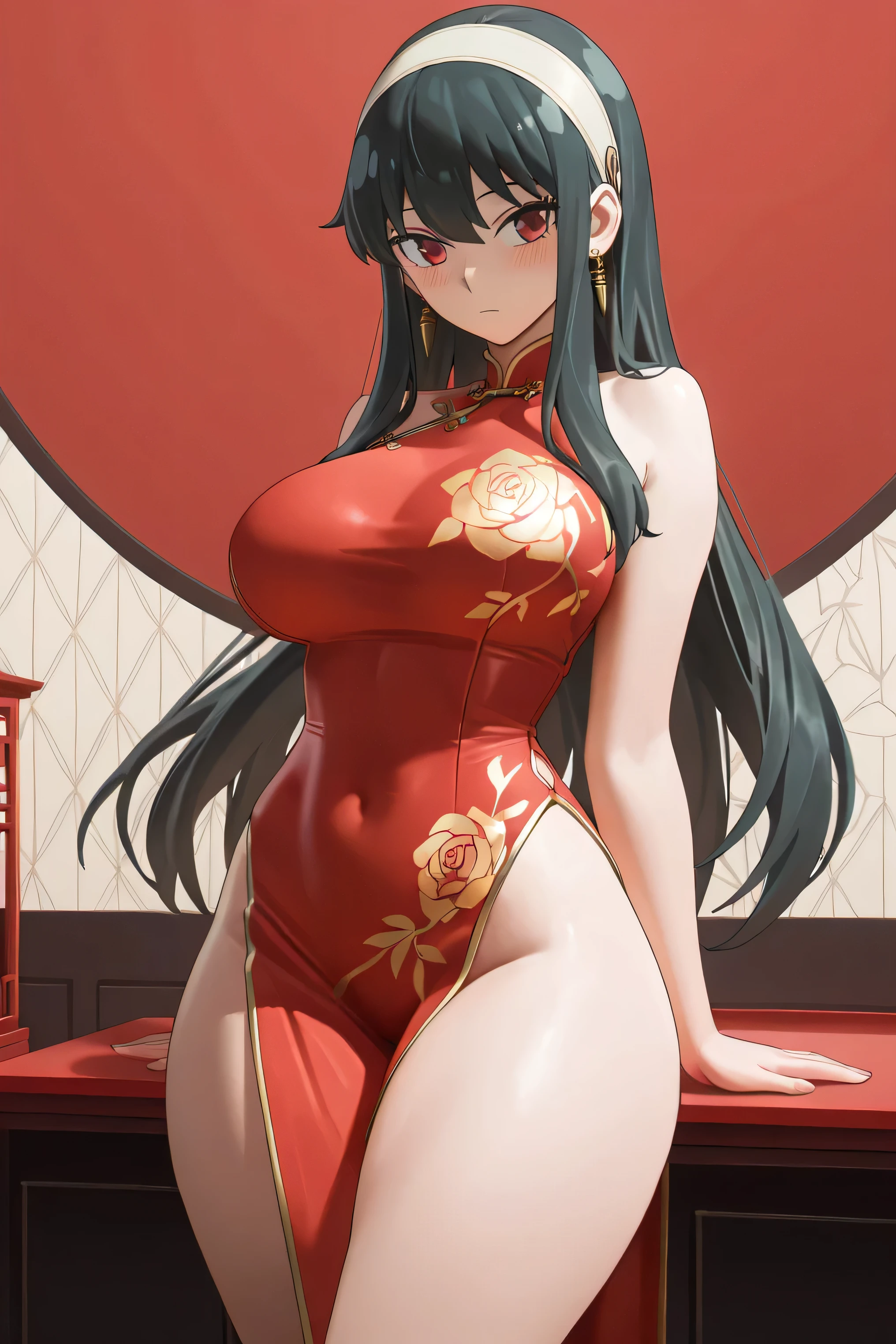 ultra - detailed，tmasterpiece，HighestQuali，love letter，pov，Blushlush，yazawa nico,Red eyes, Chinese dress,Red face,Blunt hair,Curvy body, on ground, Defeated , Bare with thighs，Fat Chubby，Smile