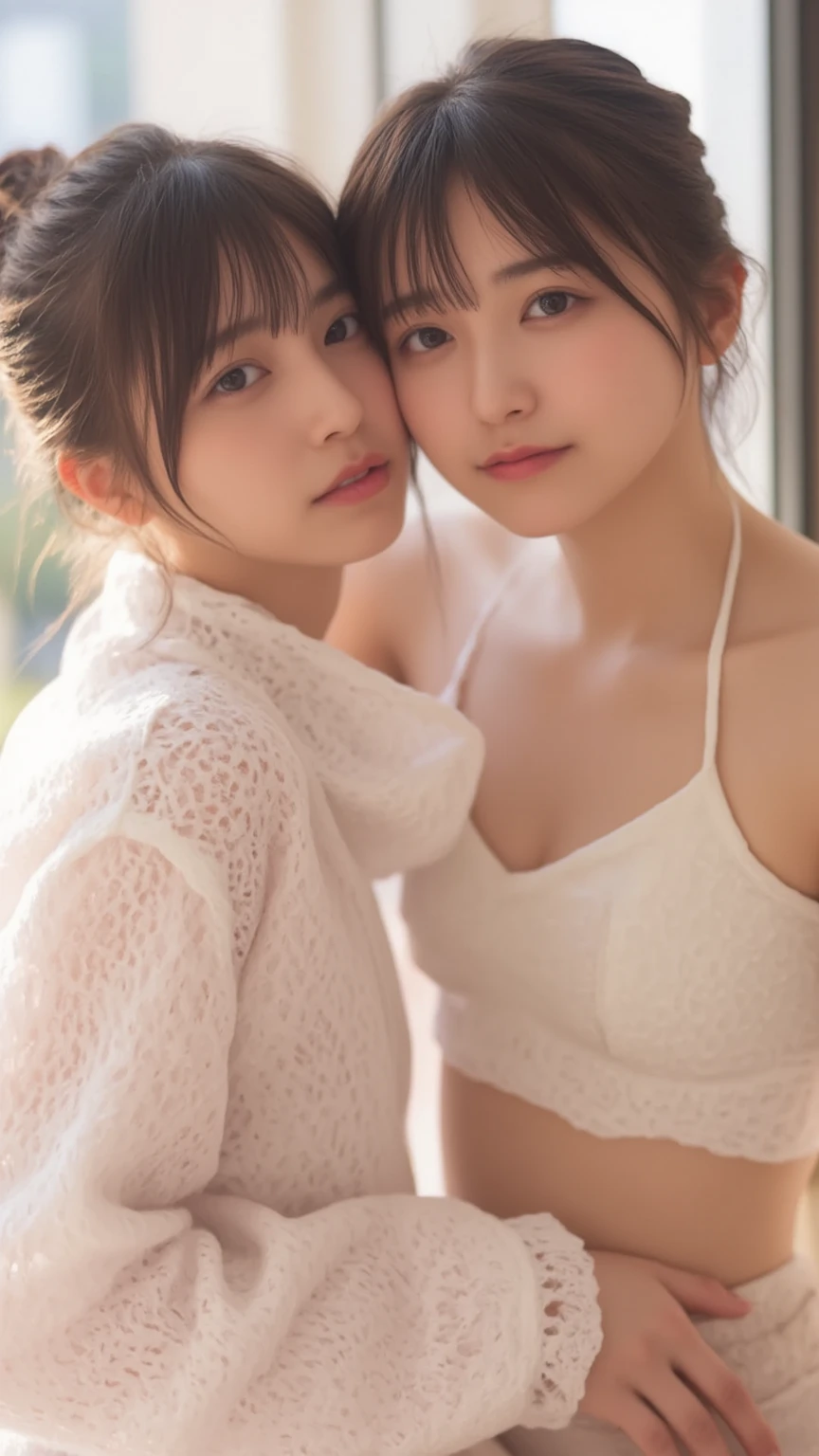 Two girls standing at ear window in school classroom,White dress,White panties、bangs,Scared short hair with low pigtails,from before,Front light,((Little girl at 15 years old、slender、delicate、Sexy clavicle and flat chest、Very small breasts、Extremely thin、Their chests pressed together、They are facing each other, hugging each other closely))、My whole body is soaked、Clothes are wet and breasts are showing through