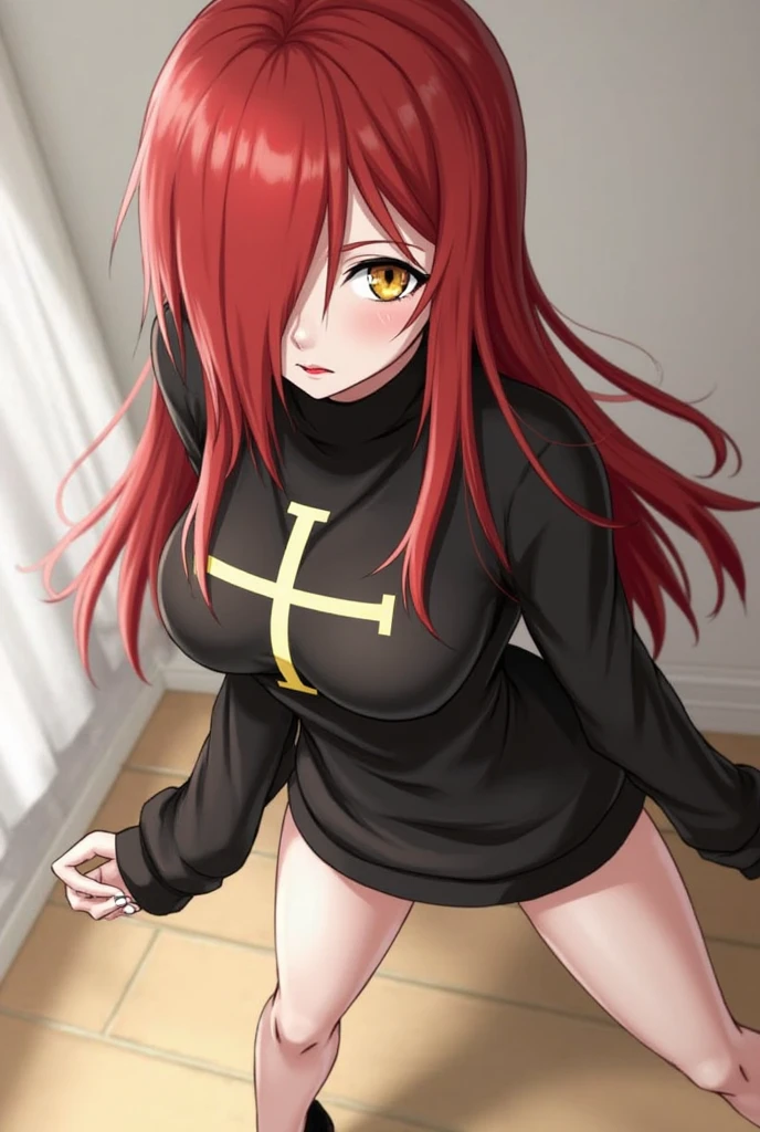Parasoul, parasoul (skullgirls), yellow eyes, inverted cross pendant, silver pendant, Black turtleneck sweater, black miniskirt, hand lifting skirt, pink panties, smirk, invitating, bedroom, looking at the viewer
