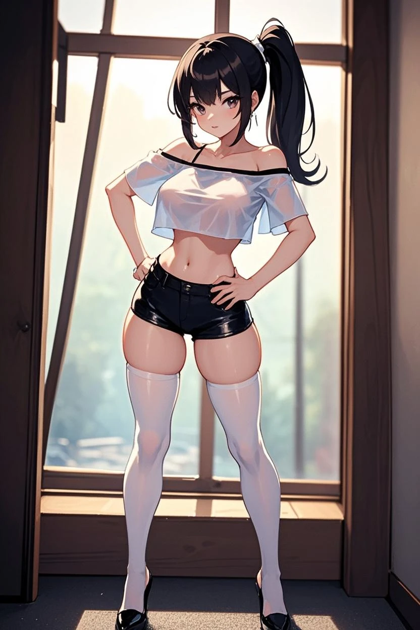 ((masterpiece)),((Highest quality)),((High resolution)),((Anatomical)),((Realistic)),((Detailed Description)), ((Full body view)), ((Perfect lighting)),((8K)),((cute)),((School classroom)),((Window)),((blue sky)),((cumulonimbus)),((FOCUS standing girl.)),(((((One little girl))),(((Loli))),(((neutral))),((child)),((8-year-old)),((Beautiful eyes)),((Baby Face)),((low length)),((Petite)),((Flat Chest)),((FOCUS WIDE HIP, AND BIG ASS AND ROUND ASS, WEAR HIGH HEELS)) ((Black Ponytail)) ((FOCUS THE GIRL IS WEARING A PANTYHOSE)) ((((FOCUS THE GIRL IS WEARING A black brassiere)) ,((Seductive smile)),((Red cheeks)),(((White tank top))),(((bikeshorts))),(((1 backpack))), FOCUS back VIEW, FOCUS she showing her ass. FOCUS SHE TOUCHING HER ASS.