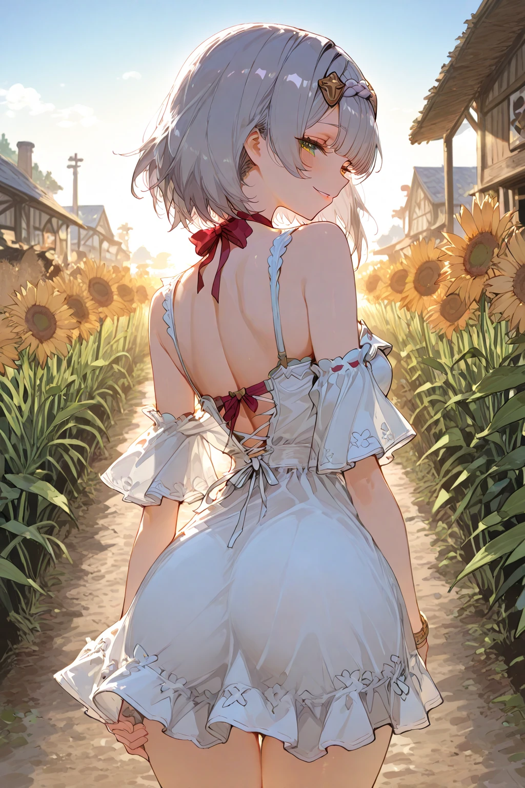最high quality, masterpiece, High resolution, One girl, Sky Blue Overalls、Sunflower field background, Red scarf,Beautiful Face,On top of that_body, Rim Light,(Skin with attention to detail:1.2), 8K Ultra HD, Soft lighting, high quality, Volumetric lighting, High resolution, 4K, 8K, Bokeh,blush、Smirking face、Accentuate your butt、Place your arms behind your back at your waist、Half Up、Off the shoulder、Shiny Hair