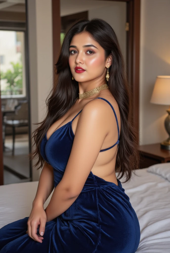 Create an illustration of a BANGBROS STYEL glossy Satin of Sultry Plus size slim exhibitionist amorous Noughty Queen Vidya Balan with small breast front. She is depicted in the act of taking off her bra, revealing an ultra Deep V Neck, with a smile on her face and a cute, beautiful pose while looking at the viewer. She has thick thighs and is wearing a blue dress, hair bow, and corset. Beside her stands a Sultry Curvy size exhibitionist amorous lady with small breasts, both clad in 💙 🔵 blue Stretch Satin. The scene includes Titty Attack with London Laurent and Dorian Del Isla, with legs kept apart and ensuring they do not overlap or touch."