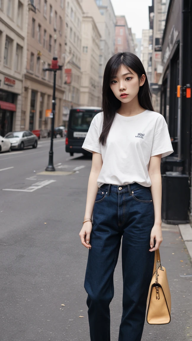 Children 13 years old、1 Beautiful girl、So cute、White shirt、denim shorts、細くて長い脚