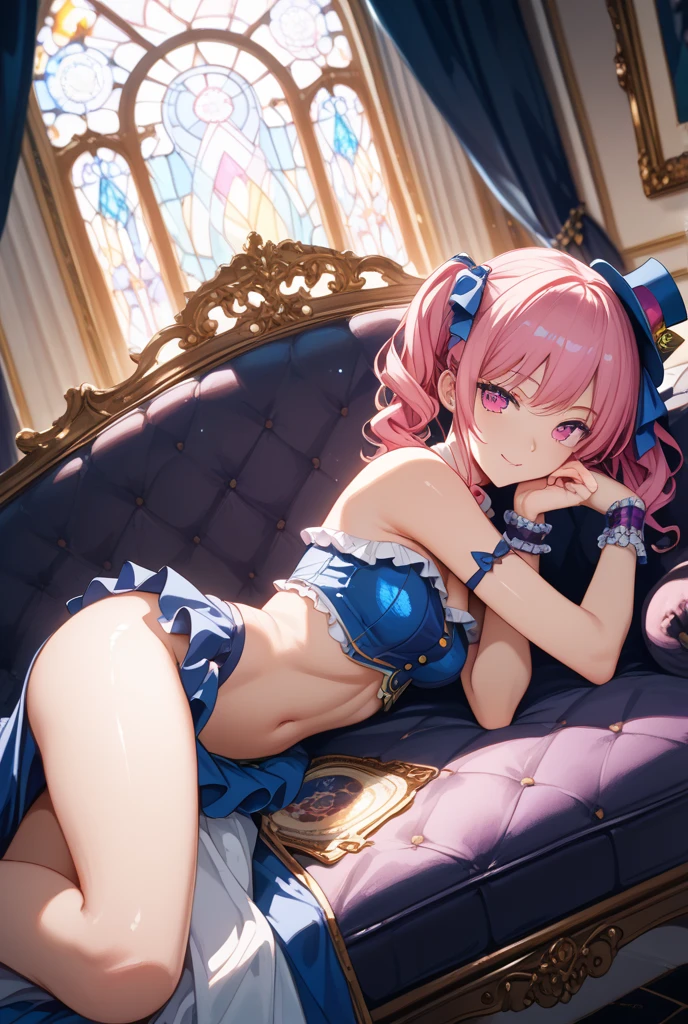 masterpiece,Ultra-high resolution、Highest quality、Sexy pose、Twist your body、Dimly lit bar background at night、Pink Hair、Tie your hair back:1.2, Orange Eyes, smile、Tilt your head:1.2、Large gold earrings and necklace:1.5,、Model walking、Small breasts、the body is slim、Tight waist、Spread your legs,Cowboy Shot、Halter neckline edged with white ruffles、Blue polka dot super mini bikini skirt、A little bit of blue panties are visible、Orange ribbon、Black knee socks、Underwear Focus