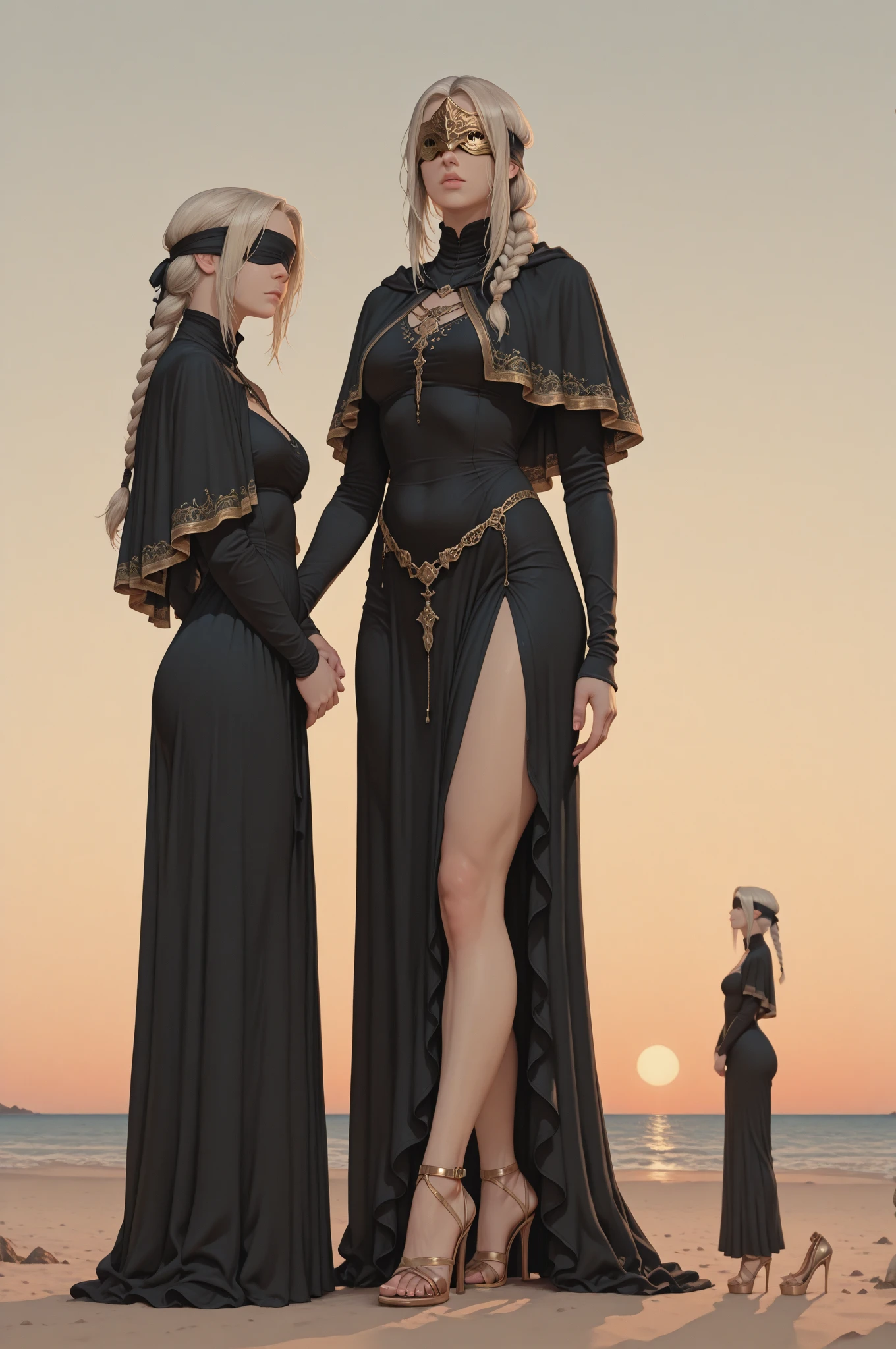 ((aeolian)), 1 ((young)) girl with a beautiful face and green eyes, slim body, Princess, full body view, wearing a black gown, no underwear, very long black hair, fantasy castle landscape, wearing high heels, slim body, small breasts, naked, smiling, view from behind, bare butt, leaning forward