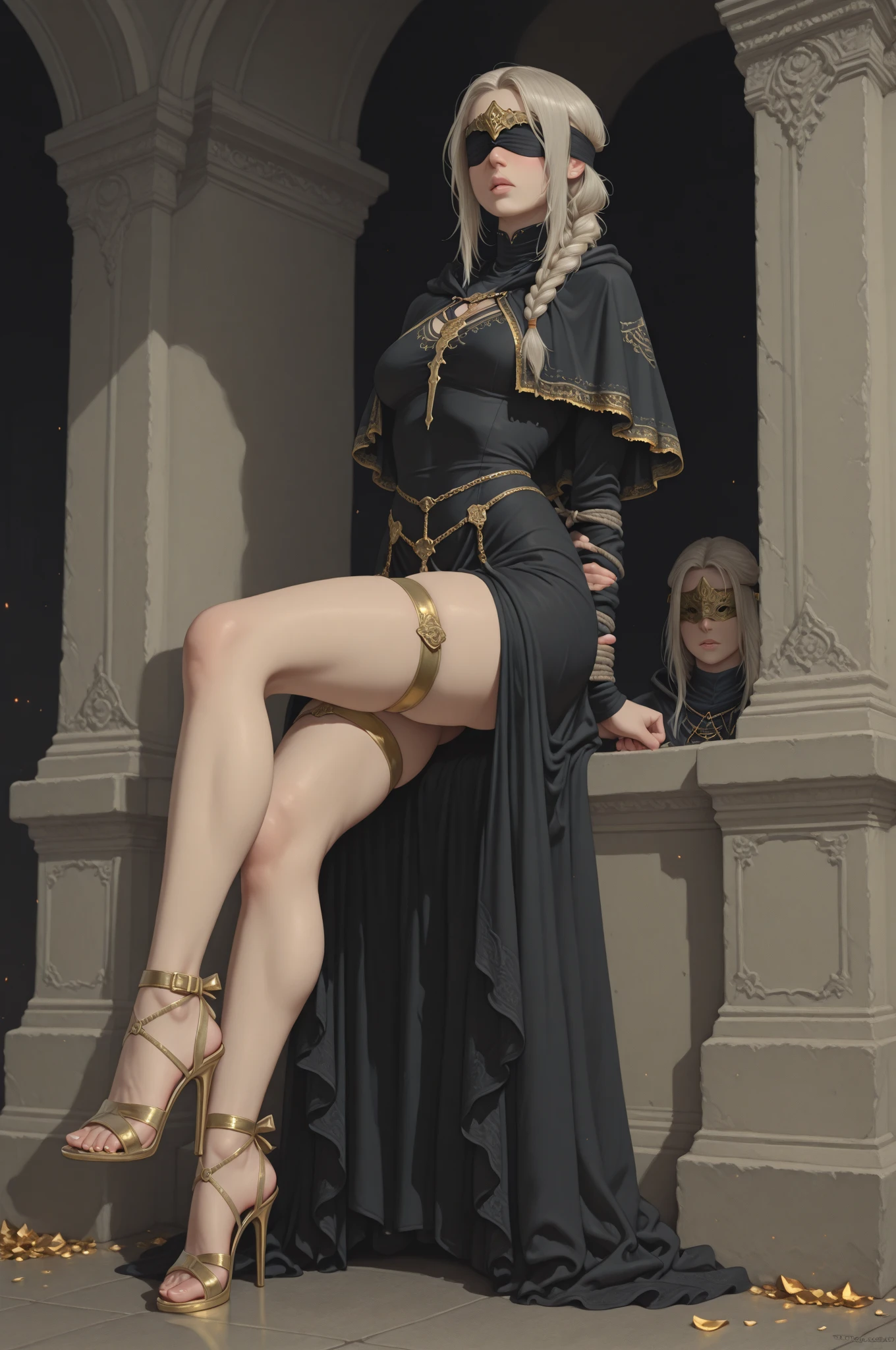 ((aeolian)), 1 ((young)) girl with a beautiful face and green eyes, slim body, Princess, full body view, wearing a black gown, no underwear, very long black hair, fantasy church landscape, perfect bare feet, slim body, small breasts, naked, smiling, view from behind, bare butt, long legs