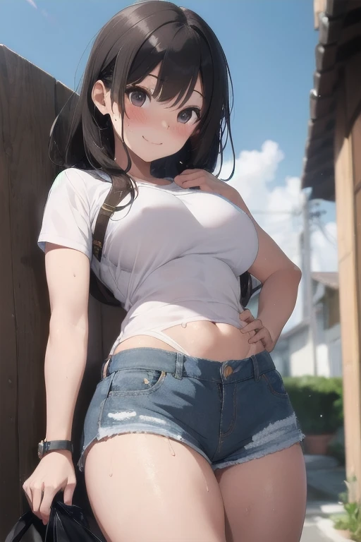 ((highest quality, 16k, masterpiece: 1.3)), ((small胸、10 year old girl、small head)), Beautiful Woman with perfection Figure: 1.4, thin abs: 1.2, ((Beautiful shiny brown hair)), ((small: 1.4)), (((K-POPアイドル: 1.3)), (shower, White Water)), ((field)), ((stop temporarily)), ((fascinating)), ((ピンクのsmall美しい乳首)), (((barefootの)))、(((((frontage)))))、((buttocks))、(((barefootの)))、Ultra-realistic 16k CG, perfection Face, perfection, Clean Solo, (blush: 0.5),masterpiece, professional artwork, famous works of art, 優しくsmile, big smile, beautiful eyes, ruddy skin, perfectionな指, beautiful hands, Depth of the bounds written, realistic: 1.3, (cinematic composition: 1.3), (HDR: 0.1), accent lighting,White short tube top、shorts、athletic body shape, smile, double eyelid, eye contact, whole body, from the top of the head to the toes、barefoot。lush garden、Vision、soft light、Blue sky、countryside landscape、dramatic skyline、Create a Ghibli-like landscape view.