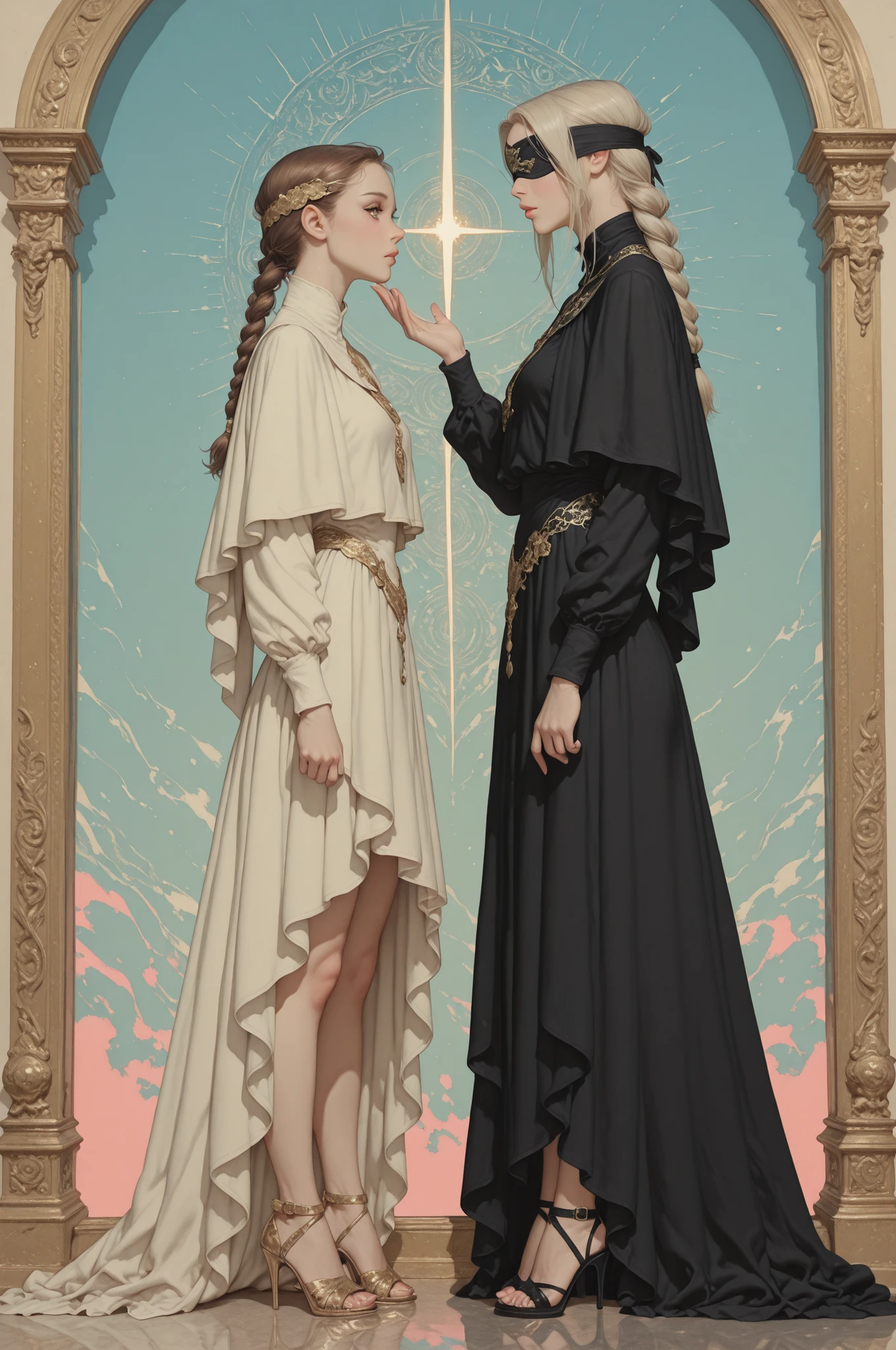 firekeeper, dark souls \\(series\\), platinum blonde hair, single braid, black dress, blindfold, capelet,cagedheels,open toe cagedheels,strappy heels,tattooedgirl,This is a highly detailed, digital artwork featuring a close-up profile of a young woman with fair skin and long, wavy, brown hair. The woman's face is adorned with a striking, abstract pattern of reflective, iridescent, and textured sheets of material that appear to be layered on her skin. The material reflects light in hues of blue, green, gold, and pink, creating a mesmerizing, almost holographic effect. Her eyes are a striking blue, framed by long, dark lashes, and her lips are full and slightly parted, giving a sense of serenity and contemplation. The background is soft and blurred, with hints of pastel colors and a gentle, diffused light, suggesting an outdoor setting with natural light. The textures of the material on her face are rough and uneven, adding depth and contrast to the smoothness of her skin. The overall style of the artwork is contemporary and surreal, blending elements of hyperrealism with digital art techniques. The image evokes a sense of otherworldly beauty and ethereal grace, capturing a moment of introspection and reflection.