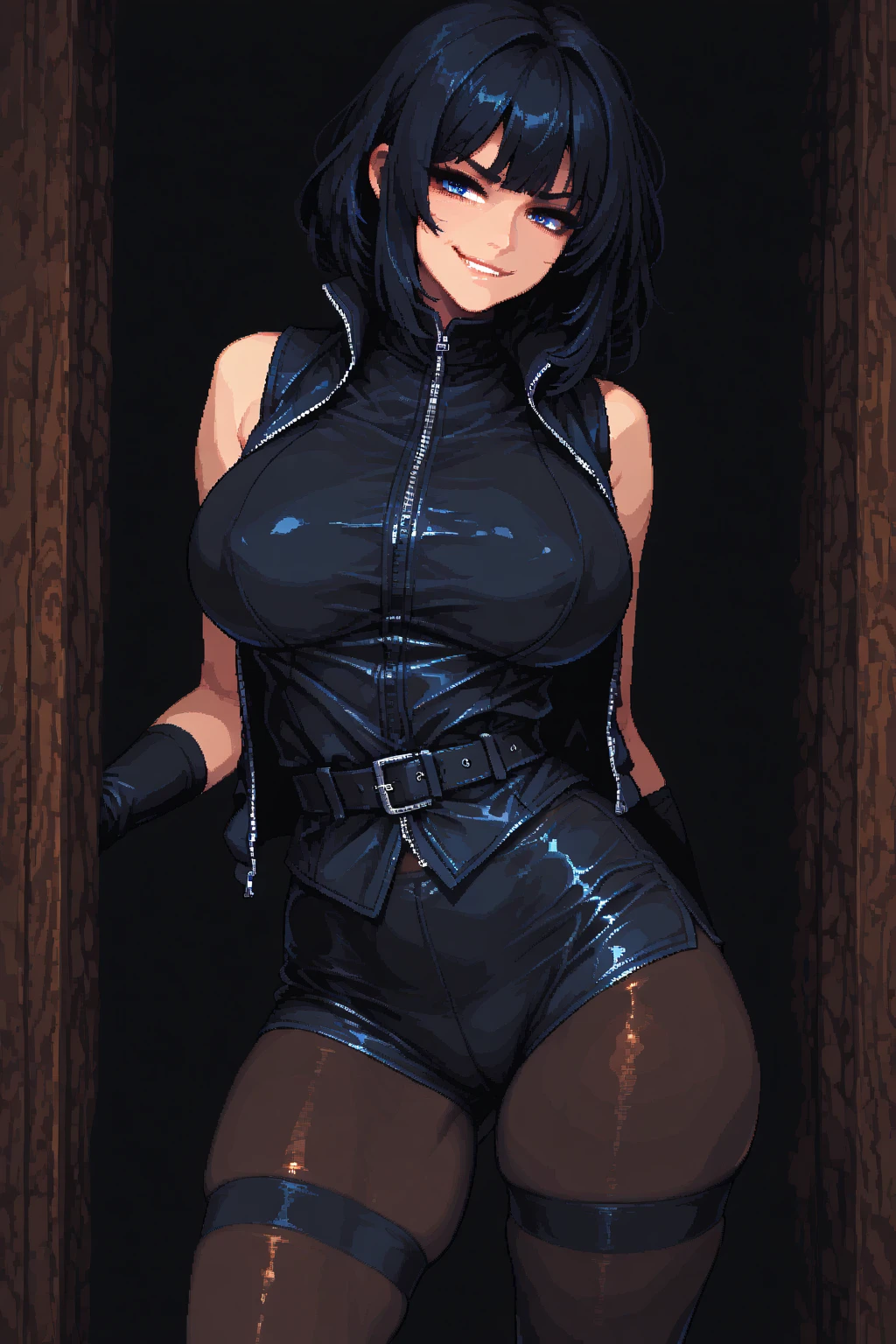 Gothic woman in leather. Fishnets and barbed wire. Evil and dangerous