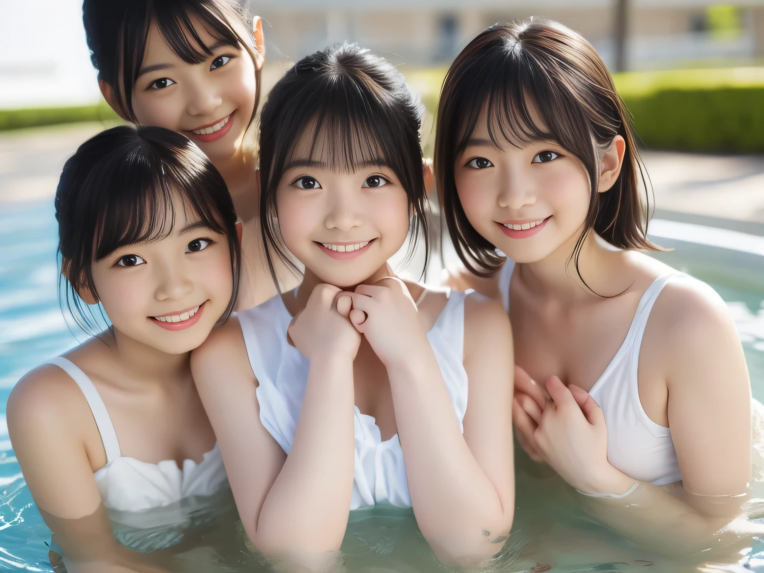 (upper body:1.2), (playing make out), (japanese little girls), (lower grades), (short stature), (Short leg), (petite figure), (3little girls), (nipples), (girls with short hair), smile, (flat chest), masterpiece, high quality, best quality, {realistic}, black hair, in front, school pool