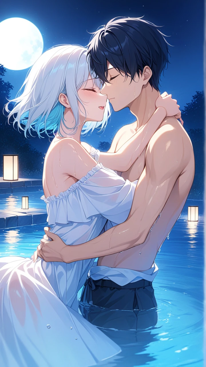 Disorganized、Man and woman couple、highest quality、Masterpiece、Official Art、16K、The best composition、The best light source、The girl has milky white hair with purple inner color, twin long braids, and is wearing a black and purple bikini.、The man had short milky white hair and was wearing white and light blue swimming trunks.、Midsummer Sea、Water Splash、Smiling and splashing water on each other、