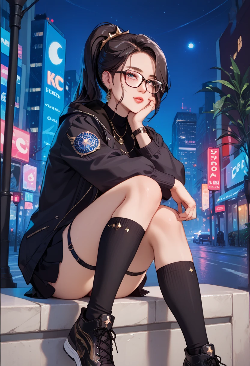 stunningly beautiful young woman with a slim build, medium-sized chest, and long flowing hair, wearing big boots, black stockings, a cut-off t-shirt, and a short jacket that shows her stomach. She should appear a bit low on energy. She is sitting on a ledge overlooking a busy city at night, with a futuristic cityscape in the background featuring neon lights and flying cars. Ensure the image is in 8K resolution and has correct lighting, using vivid colors with complementary tones.