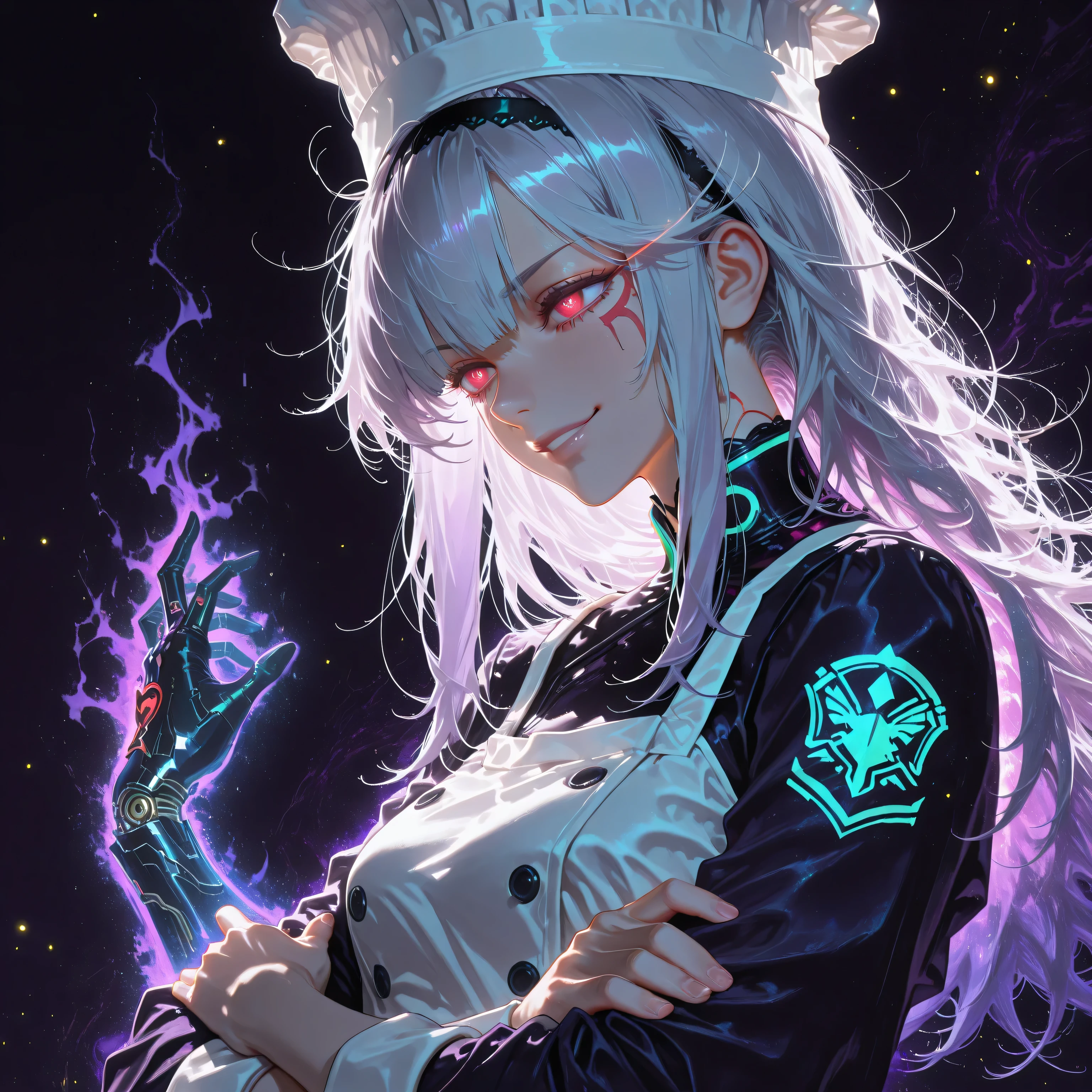 dark aura, dark energy, bristly hair, ((glowing eyes)), Anime girl drawing:1.4, Jojo anime style painting:1.4, close-up of a woman with a strong face and body , black aurora light drifting off a girl , long bangs to eyebrows , Close-up, smile, good hands, perfect hand, hairband, messy hair, silver hair, red eye, wearing an Itharian chef's dress, silver-blue chef scarf, Look at the face, side view, Feeling of danger, crossed her arms, Cyberpunk art inspired by Yanjun Cheng , Wearing a tall Itarian chef hat, purple green aura background, Golden particles shimmering in the background, Stream on CGSociety , Gothic Art, hyper-realistic cyberpunk style , cyberpunk art, cyberpunk style , realistic tall, Beautiful face of cyberpunk girl , Purple black background, Artwork in the style of Shrimp , Cyberpunk Art , Drawing of Ross 1 . 0, Ross painting 2 . 0, Beautiful scenery.