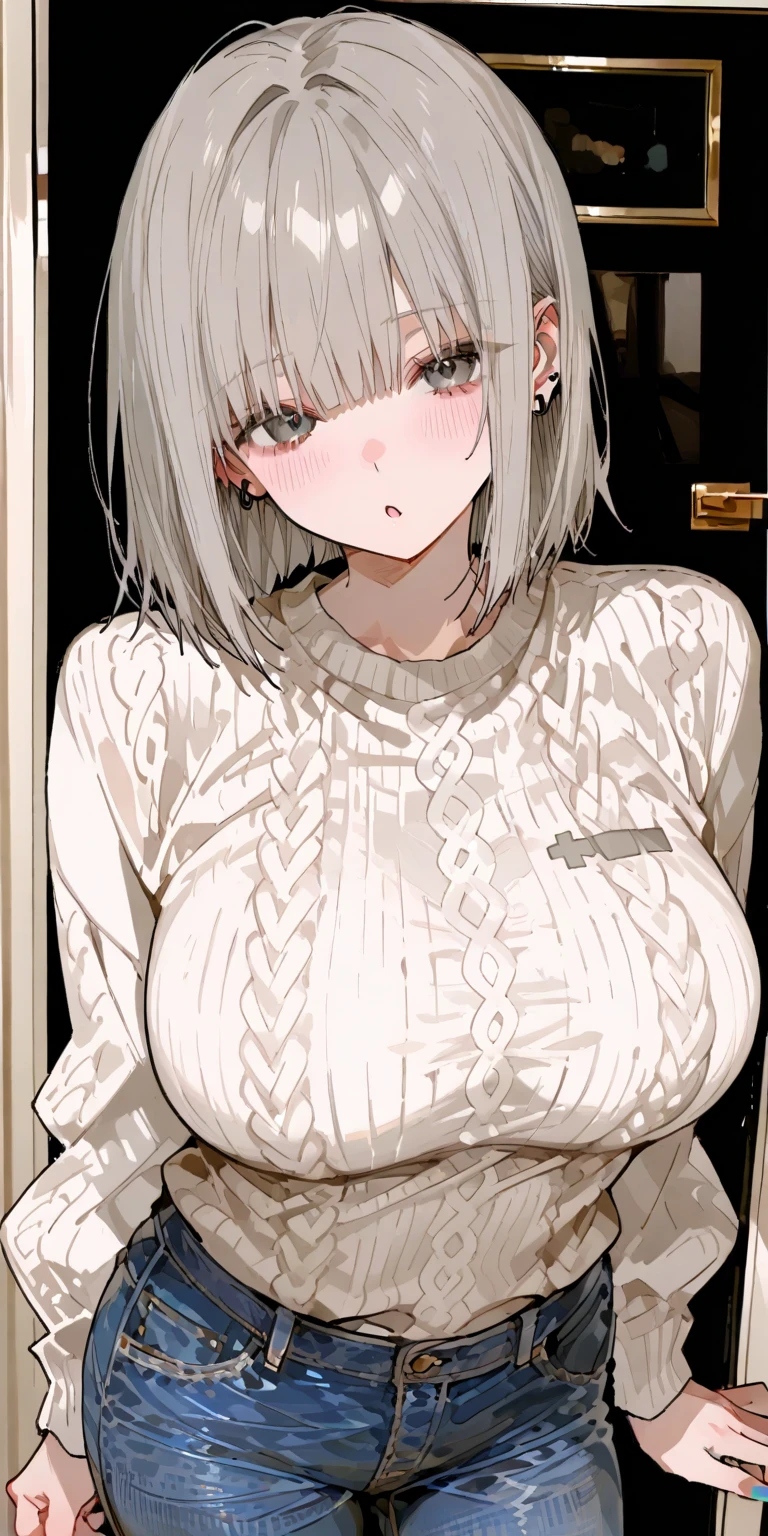(((Long grey Beautiful Hair))),greys hair,kawai,(((Eyes visible from bangs,hair over eyes:1.3))),,Huge breasts,(yellow color eyes),,(yellw slanted eyes),Long bangs covering his right eye (wearing a black shirt) wearing an open brown jacket (Pose right hand hanging down) left hand holding a rectangular piece of cream cake with pink strawberry jam (soft smile) white background 