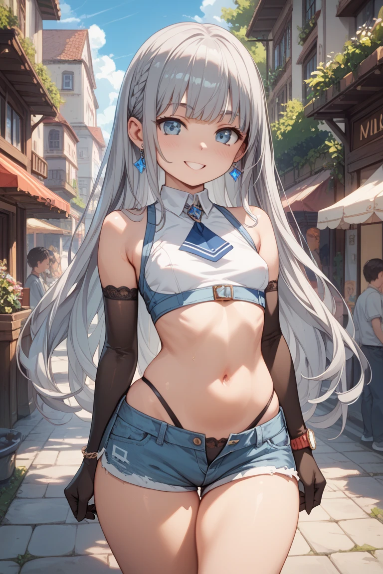 (((masterpiece))), ShizukaMikazuki, One Girl, alone, Looking at the camera, Long Hair, Gray Hair, Long sleeve, Cleavage, Large Breasts, Mature Body,clavicle, Jacket, Open clothes, open Jacket, blue hoodie, Black sports bra,Black hot pants,Play sports often, Abdominal muscles。bicycle,Clear light blue eyes, Blushing,High Ponytail, Navy blue ribbon,smile,Hoop Earrings,Golden navel piercing,Park at dusk