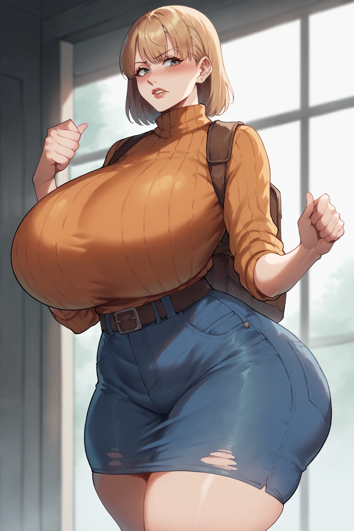 score_9, score_8_up, score_7_up, score_6_up, score_5_up, score_4_up, solo, Ashely Graham from resident evil 4, ((thicc mature mom)), short blonde hair, ((orange sleeveless turtleneck sweater with a burgundy sweater around her neck)), green plaid skirt, big thick full lips, ((pouted lips)), ((open mouth)), ((squinting pleasured eyes)), ((full body)), ((NSFW)), sexy, seductive, alluring, cute, motherly, pleasured, aroused, moaning, blushing, (((gigantic breasts))), sagging breasts, big nipples, wide hips, thick thighs, huge ass, breasts focus, ((one Pov hand groping breasts)), ((second pov hand crease face)), (((from pov))), close up