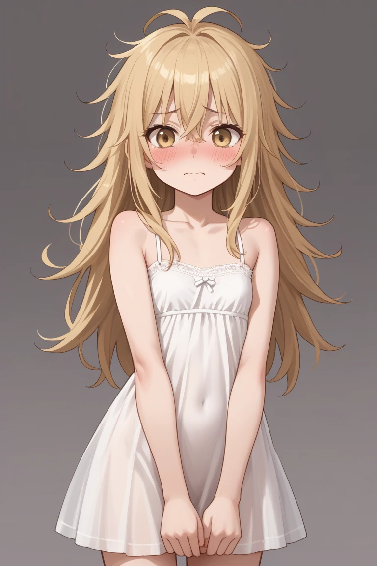 (muste piece), (best quality), (score_9, score_8_up, score_7_up), very detailed eyes, expressive eyes, perfect face, very detailed face, highly detailed face, beautiful girl, 8K, beautiful girl, white background, delicate and beautiful face and eyes, dark intense shadow, 
1 girl, vtuber style, cool girl, vtuber, rurudo_lion, lion ears, lion tail, blond hair, long hair, hair between eyes, white sundress, sleeveless dress, suspender dress, dress bow, chest visible through clothes, cameltoe, ass visible through thighs, small chest, clavicle, Poker face, (full body), standing, naked thighs, sandals, 
