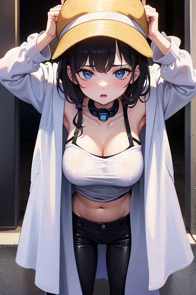 breasts big, 1 girl, ((long chrome hair)) wearing a cap ((25 years old girl)) clear blue eyes, has an extremely sexy body, with full breasts and thin waist, and an extremely sexy body, in HIP HOP style short denim jacket medium skirt delicate fabric, has a bold appearance. Youngh, 品質, realisitic, best 品質, cute expression, blue lipstick lips, parted lips, leaning over, parede de graffiti,graffiti na parede da sala