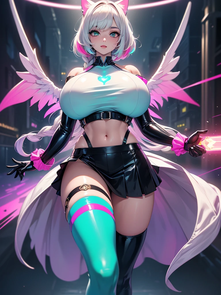 1girl, large breasts, breasts, thick thighs, wide hips, pink hair, long hair, blue eyes, white bodysuit, bodysuit, futuristic, science-fiction, tech, machinery, angel wings, pantyhose, thigh strap, cutout, hip vent, cleavage, serious, glowing eyes, neon, neon trim, glowing eyes, full body, ((full body))