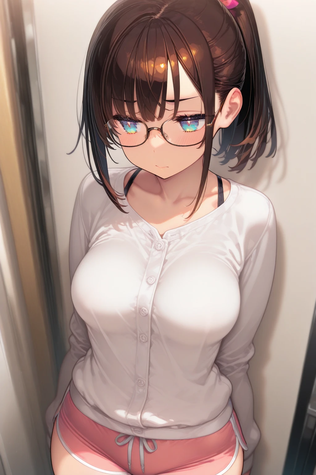 nsfw,1girl,18yo,perfect hands, perfect finger,perfect anatomy, masterpiece, best quality,realistic, hyperrealistic, 16k hdr,, aamii, short hair, black hair, blue eyes, glasses, (no bra,no panty, T-shirt,denim mini skirt:1.2),(lift up T-shirt),outdoor, from below,(sweat:1.3),(red blush, smile),small breasts,necklace,(leaning forward,squatin:1.2,pubic hair:1.3),(wink),(peace sign:1.3),