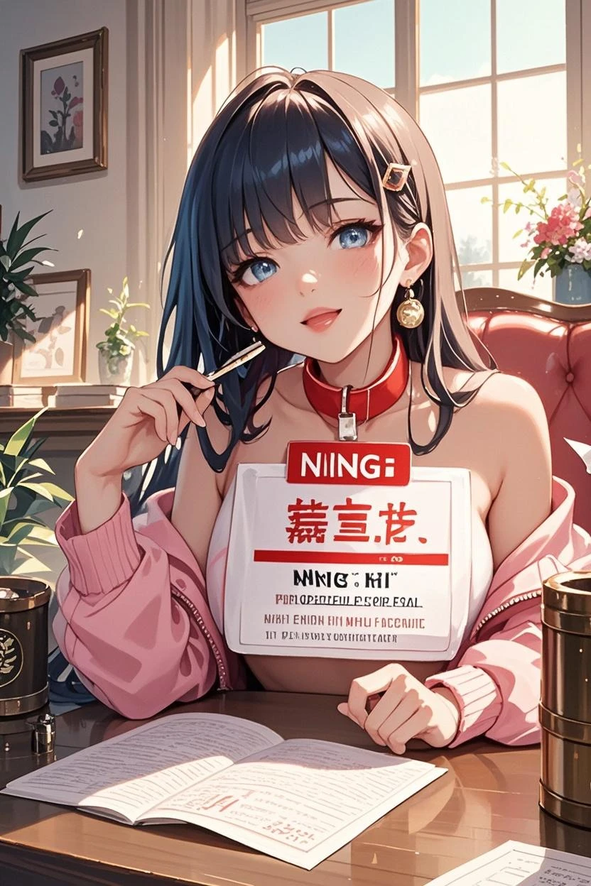 girl with headphones and a red shirt with a message, (sfw) safe for work, top floor boss shit, thicc, corporate boss, ; visual novel, from girls frontline, oppai, promotion artwork, visual novel, official artwork, official art, sie boob, fine details. girls frontline, ceo, noire moody scene, waifu