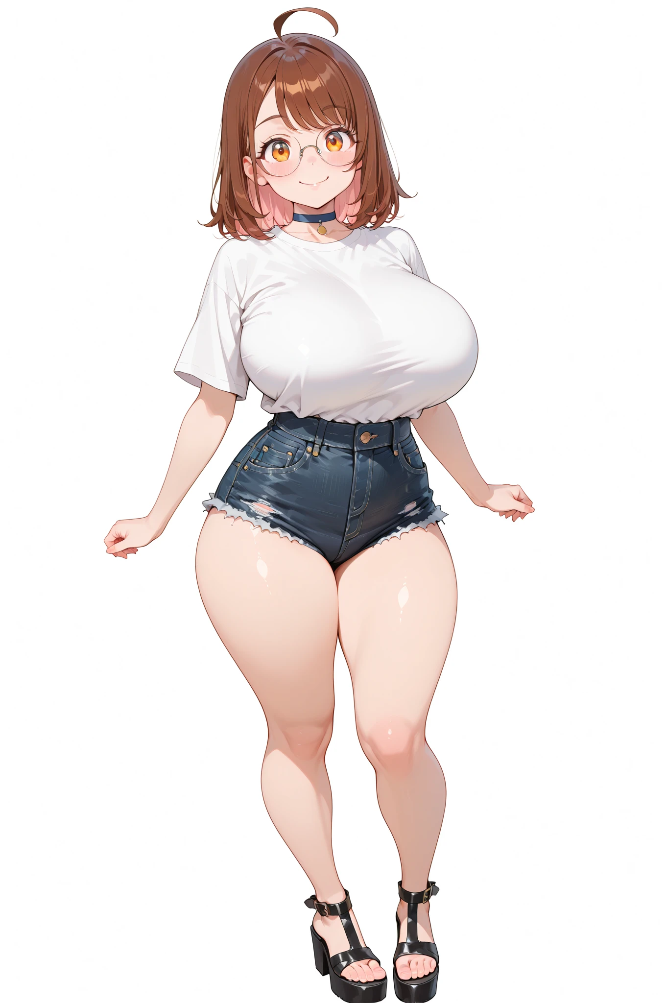 an adult woman, He has a robust and curvy build. Her hips and bust are pronounced, which gives you an hourglass figure, some wrinkles on the face, short brown hair, yellow eyes, big breasts, wide hips, wide stomach, thick thighs, low height, huge beige sweater, blue jeans, full body view, White background, alone