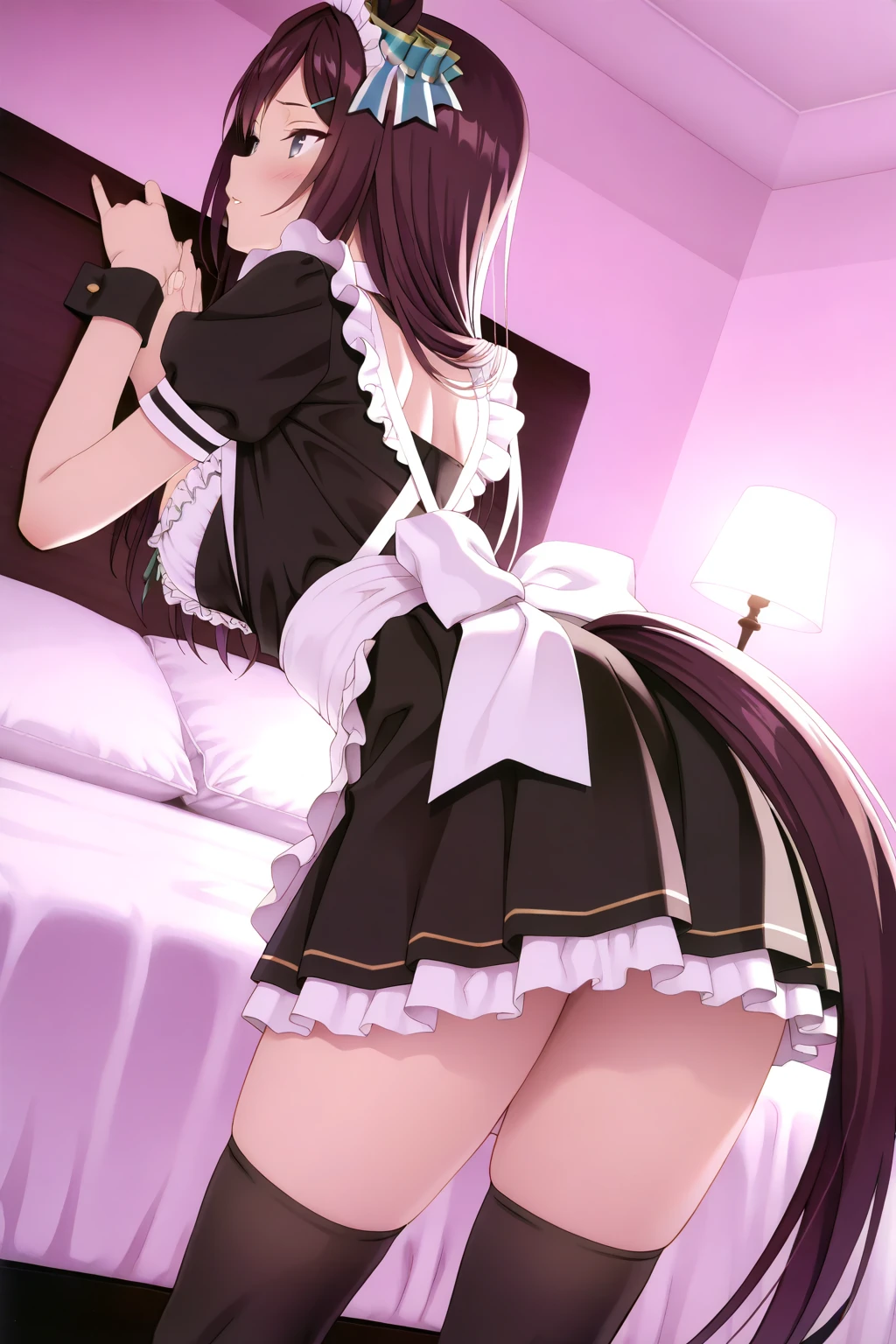 anime, beautiful face, highly detailed face, detailed perfect eyes, 1 eye is closed, perfect shoes, perfect hair, perfect lips, accurate arms, accurate hands, perfect legs, perfect mouth, highly detailed background, front lighting, perfect lighting, full body, 1girl, solo, ruby hoshino, ruby, oshi no ko, heels, blonde hair, thighhighs, absurdres, high res, ultrasharp, 8k, masterpiece, looking at viewer, in a maid cafe, restaurant (sexy pose:1.1), (full body:1.3), revealing, maid outfit, maid mini skirt, no bra, no panties, body at an angle from viewer, looking back over her shoulder, view from behind, ass view, laying forward on the bed, laying down on her chest, her mouth is wide open, steam coming from mouth, heavy breathing, blushed, going to cum, jizz, very wet, blushed, naked, nude, NSFW