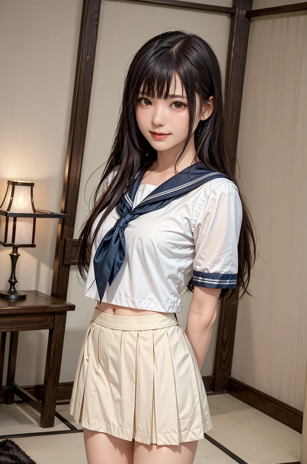4K, (((very delicate))), realistic person, Japanese anime heroine, Looks like a woman in her 20s, cosplay clothes, open your legs,big bust, (((Non-breaststroke))), Japanese costume, sailor suit, short skirt length,(((Show off your panties))), looking at the camera, low angle camera shot,