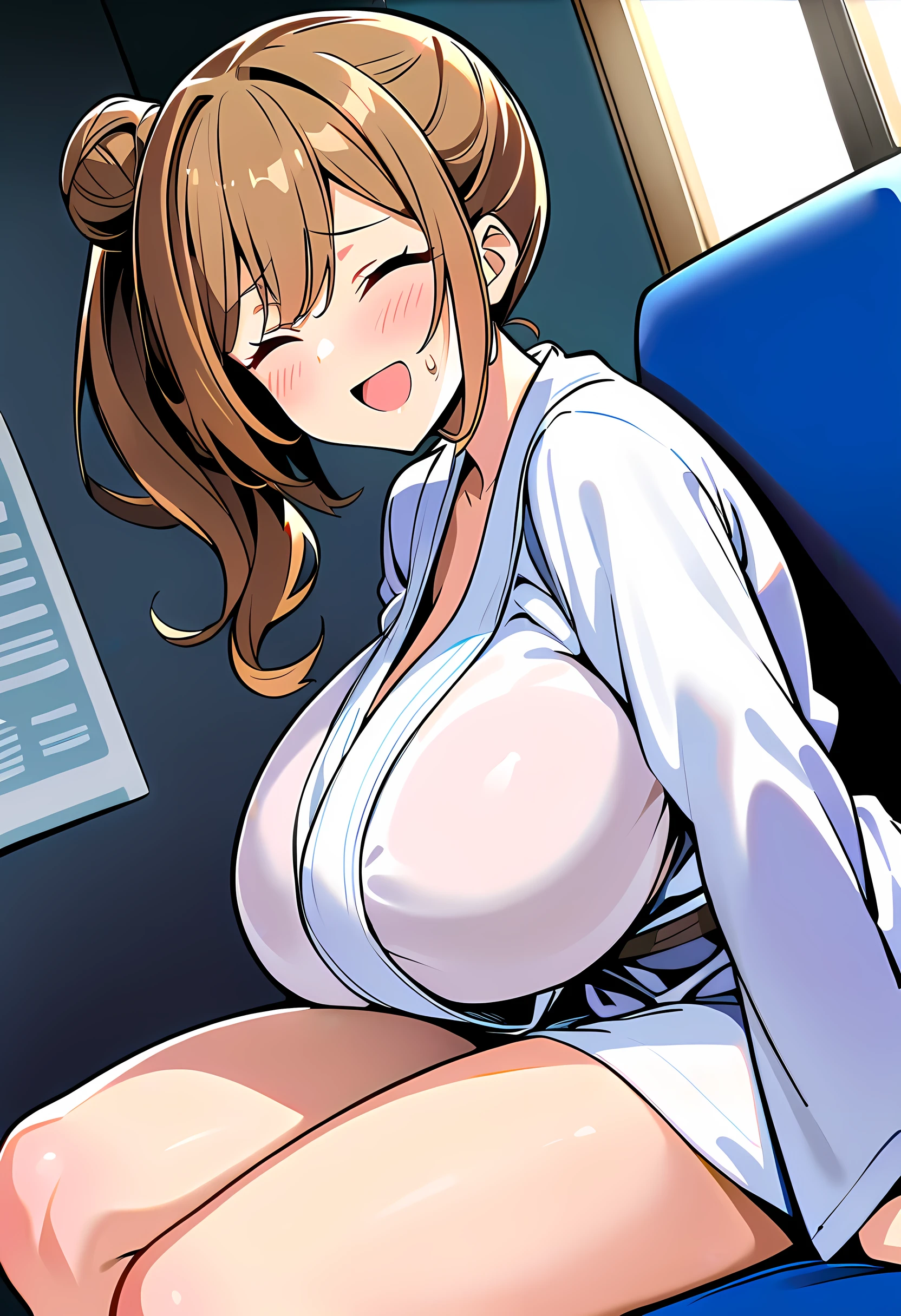 score_9_up,,score_8_up,score_7_up,score_6_up,score_5_up,score_4_up, 1 girl, satosasara, brown eyes, brown hair,(single hair bun:1.2), (right side ponytail:1.2), long sideburns,(( long hair)),white bathrobe ,(huge breasts),(curvy),((closed eyes)),open mouth,sweat,smiling,embarrassed,graceful sitting blue chair,indoor,angle from side,looking at viewer,