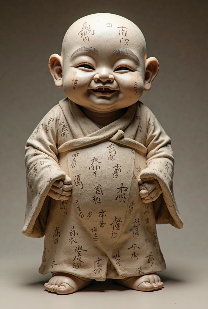 A cute three-year-old boy little monk, bald head, half-body, smiling facing the camera, simple clothing, monk robe, HD 8K picture quality shows a sense of reality, he sits dignified, puts his hands together on his ?????, looks forward, no weapons.