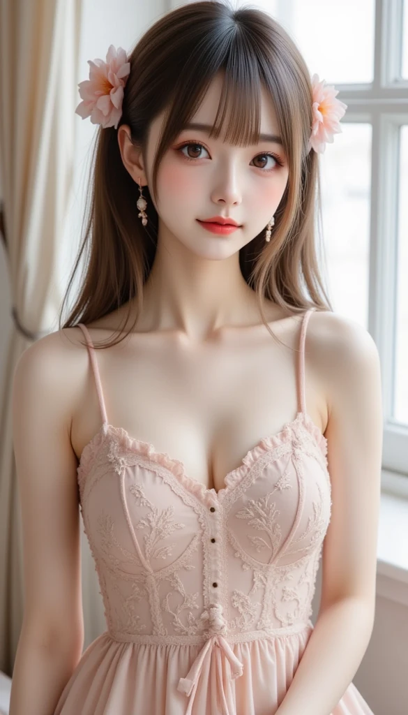(masterpiece, Highest quality, Highest quality, Official Art),Beautiful pink hair、Twin tails、bangs、gorgeous hair accessory、Gorgeous Earrings、Gorgeous Necklace、Gorgeous bracelets、A bow tie、Milky skin、Fishing eyes、Pointy Ears、girl、((young、10 years old)),smile、目眩のするsmile、smile showing teeth、Thin arms、Small Bust、Slender upper body、Tight waist、Small hips、Thin thighs、Slim lower body、Exquisite lace gold bikini、Put something on your head、Sandy Beach、Strong sunlight、Full Body Shot、Dancing