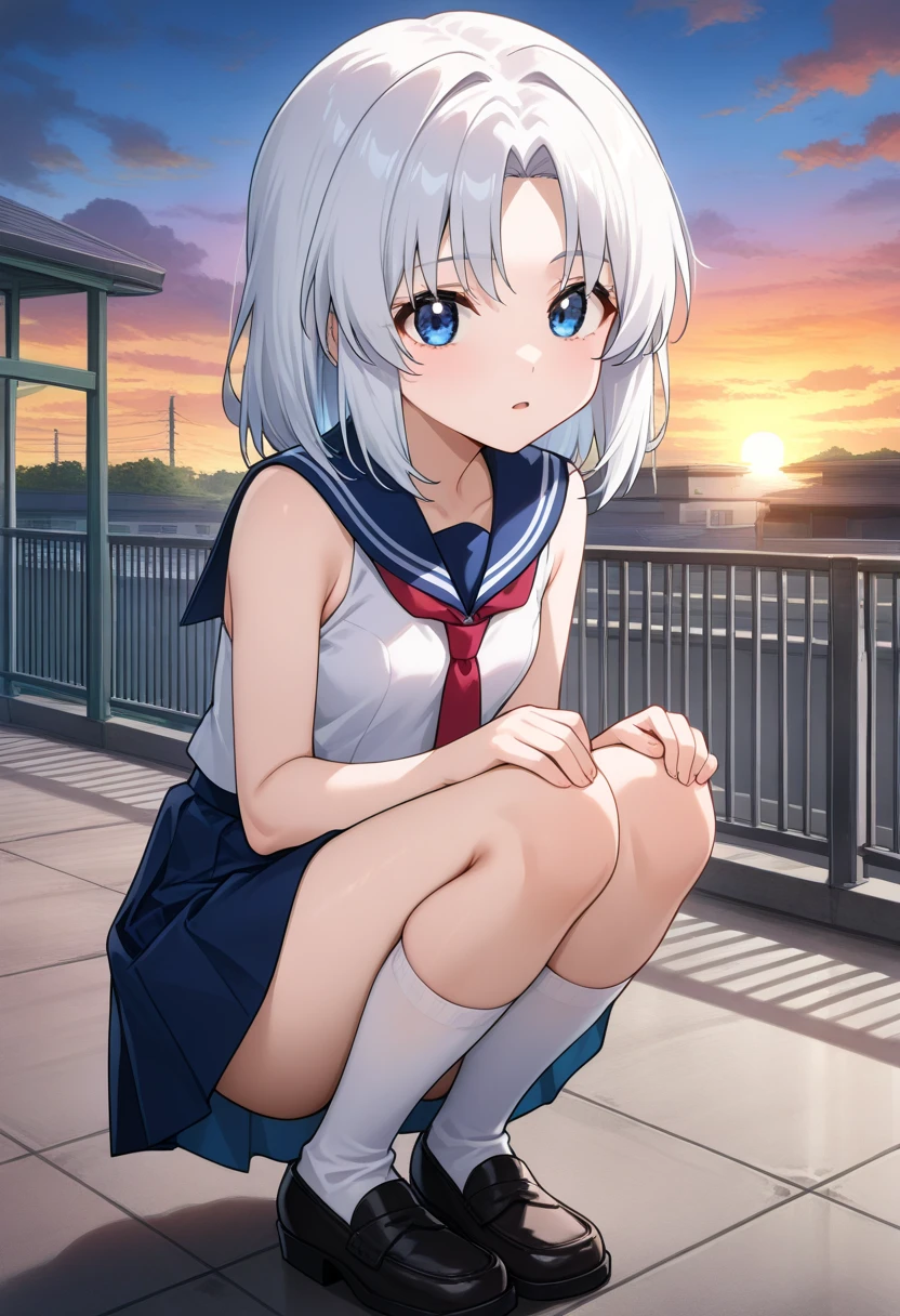 (8K, Highest Quality, Masterpiece:1.3)), Ultra HD, (2 Girls, Duo), (Color Changing Eyes, Super Detailed, Expressive Sparkle, Sparkling Eyes), Very Detailed Eyes, Very Detailed Face, Random Hair, (Silver Grey Color), Exposed, Side by Side, On All Fours, Sailor Uniform, (Cute Panties:1.3), (Blushing:1.3), Breathing, White Skin, Seductive, Cleavage, Wet Panties, Sandy Beach, Angle from Below, Sunset, Sweat on Thighs
