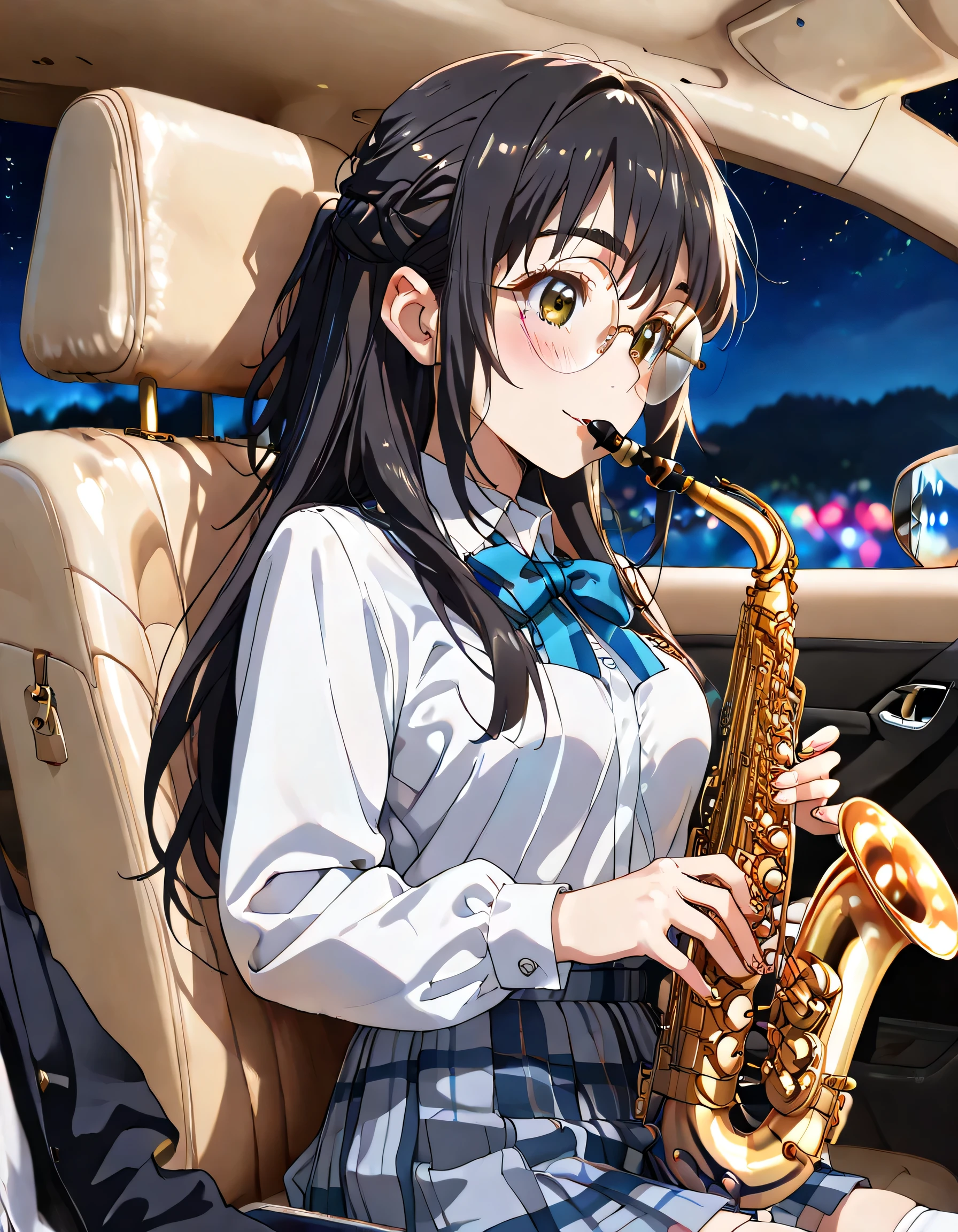 ((ultra-detailed)), (highly detailed CG illustration), (best quality:1.2), ultra-highly detailed, colorful composition, artistic photoshoot, 1girl, solo focus, upper body, moe anime character, girl, dainty facial structure, babyface, round face, rounded chin, short stature, night:1.4, night drive:1.3, (in the side seat of the car:1.4), looking viewrer:1.3,, thick eyebrows, half updo, sagging eyes, long hair, black hair:1.3, brown eyes, (wearing glasses:1.3), (round eyewear:1.3), black hair color:1.3, half updo, ample breasts, school uniform, blue stripe neck bow, long sleeves white shirt, blue checked pleated skirt, and white high socks, playing instrument, <lora:Sheeps_Saxophone:0.8>, gentle smile:1.2, blush:1.1, portrait, depth of field, lighting, sidelighting, shine, lighting, caustics, ray tracing, lustrous skin, highly detailed face, highly detailed eyes, perfect nose, perfect anatomy, beautiful hair, beautiful small face, beautiful detailed eyes, beautiful clavicle, beautiful body, beautiful breasts, leavage, breasts squeezed together, beautiful thin thighs, beautiful legs, beautiful fingers, lovely, (very detailed background:1.0), (highly detailed background:1.0), intricate details, chromatic aberration