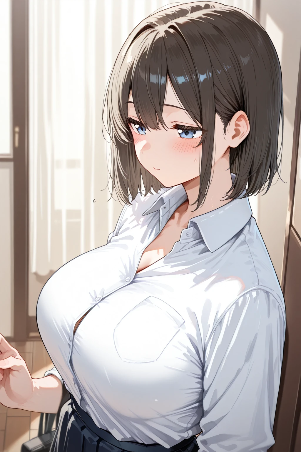 frame in, from right in front of face and body, view straight on, upper body, High quality, very high res, High quality, cute girl, brown hair, forehead, blunt bangs, bob cut, blush, Brushed up bangs, (white wearing a plain t-shirt), small breasts, upright, pleated skirt, work desk, sitting in a work chair, arms up behind, (pov hands:1.4), (clothed breast touch:1.2), (guiding hand), at office