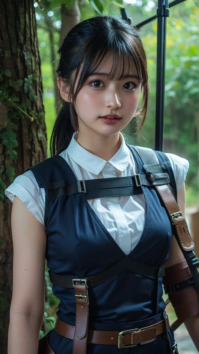 ((highest quality, masterpiece :1.3)), Photorealistic、Ultra-high resolution、Natural skin texture、Hyperrealism、Picture from the waist up、Beautiful Japanese girl in her late teens、Sparkling Eyes、Larger breasts、Collared sleeveless shirt、Restrained by rope、Angry expression